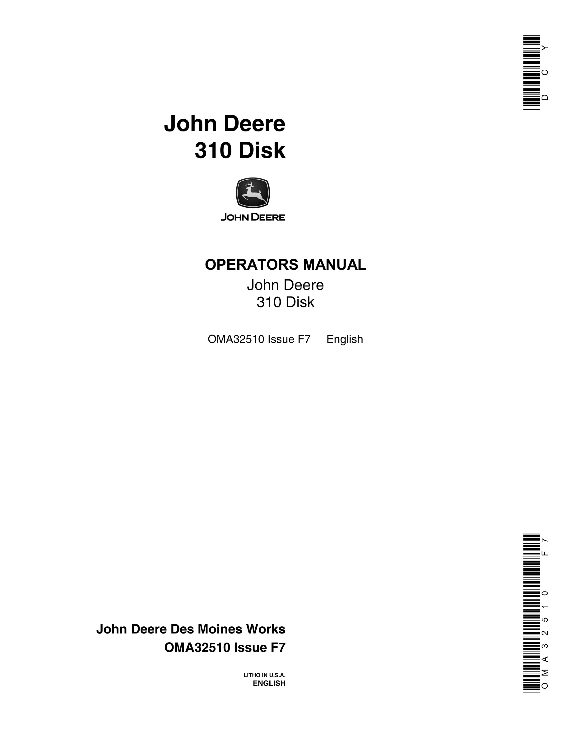 John Deere 310 Disk Operator Manual OMA32510-1