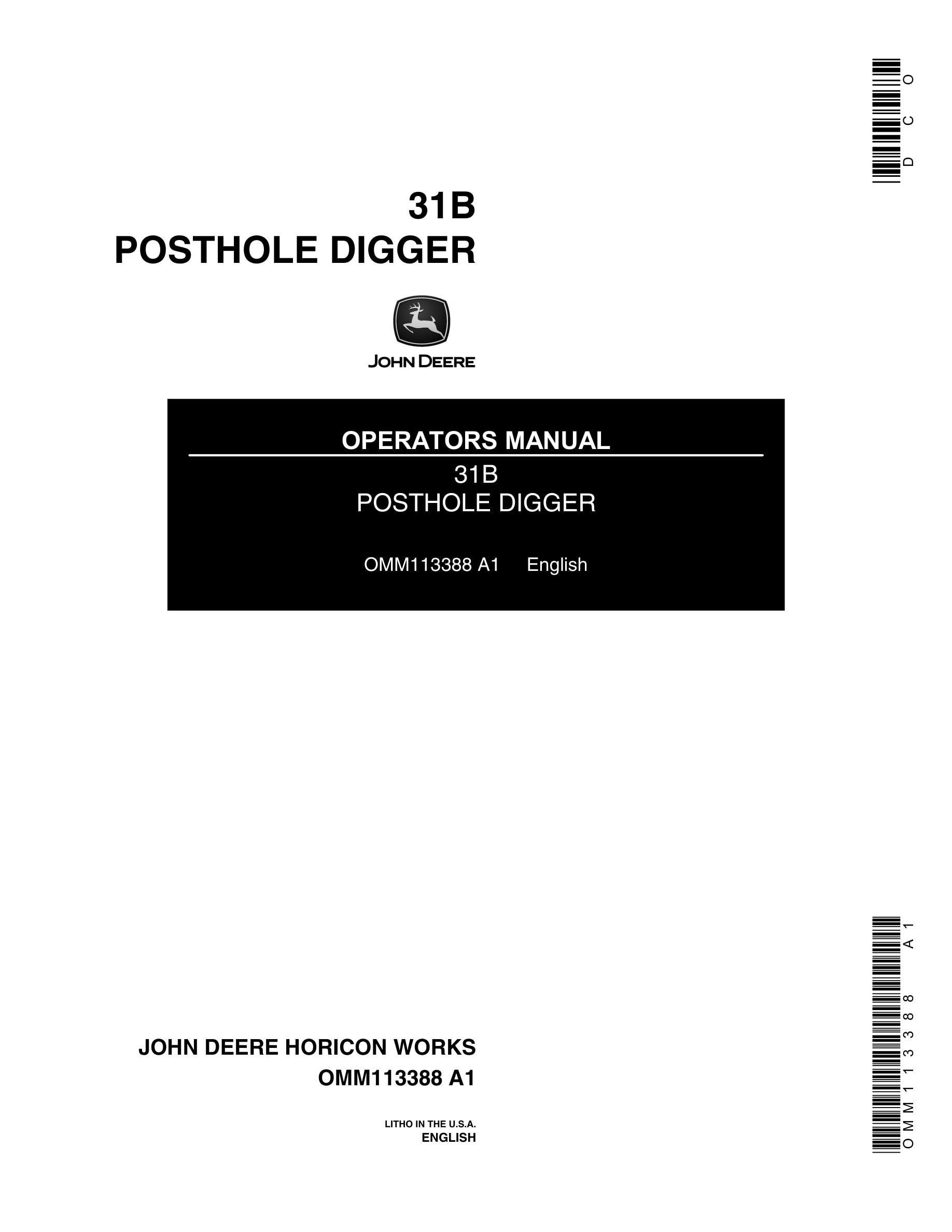 John Deere 31B POSTHOLE DIGGER Operator Manual OMM113388-1