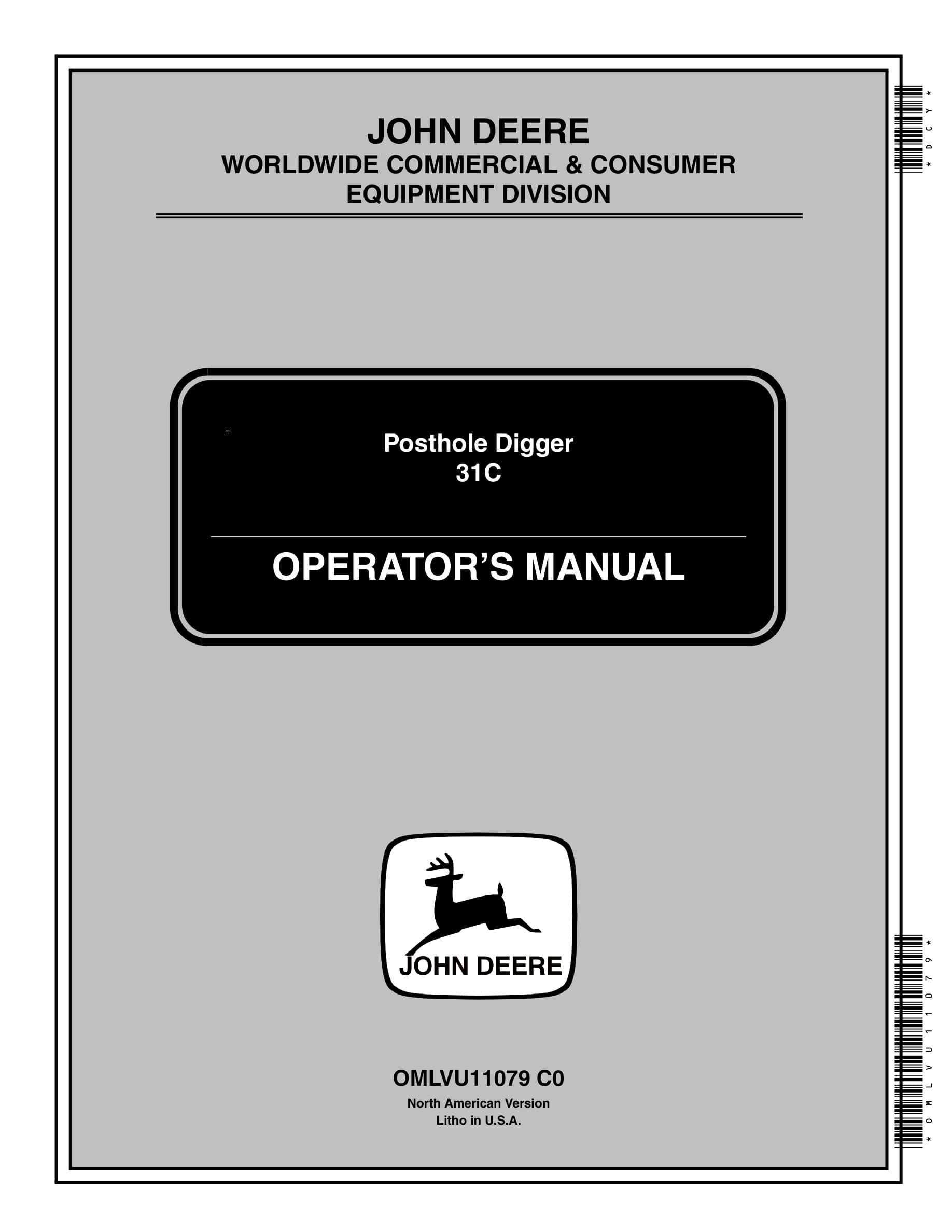 John Deere 31C Posthole Digger Operator Manual OMLVU11079-1