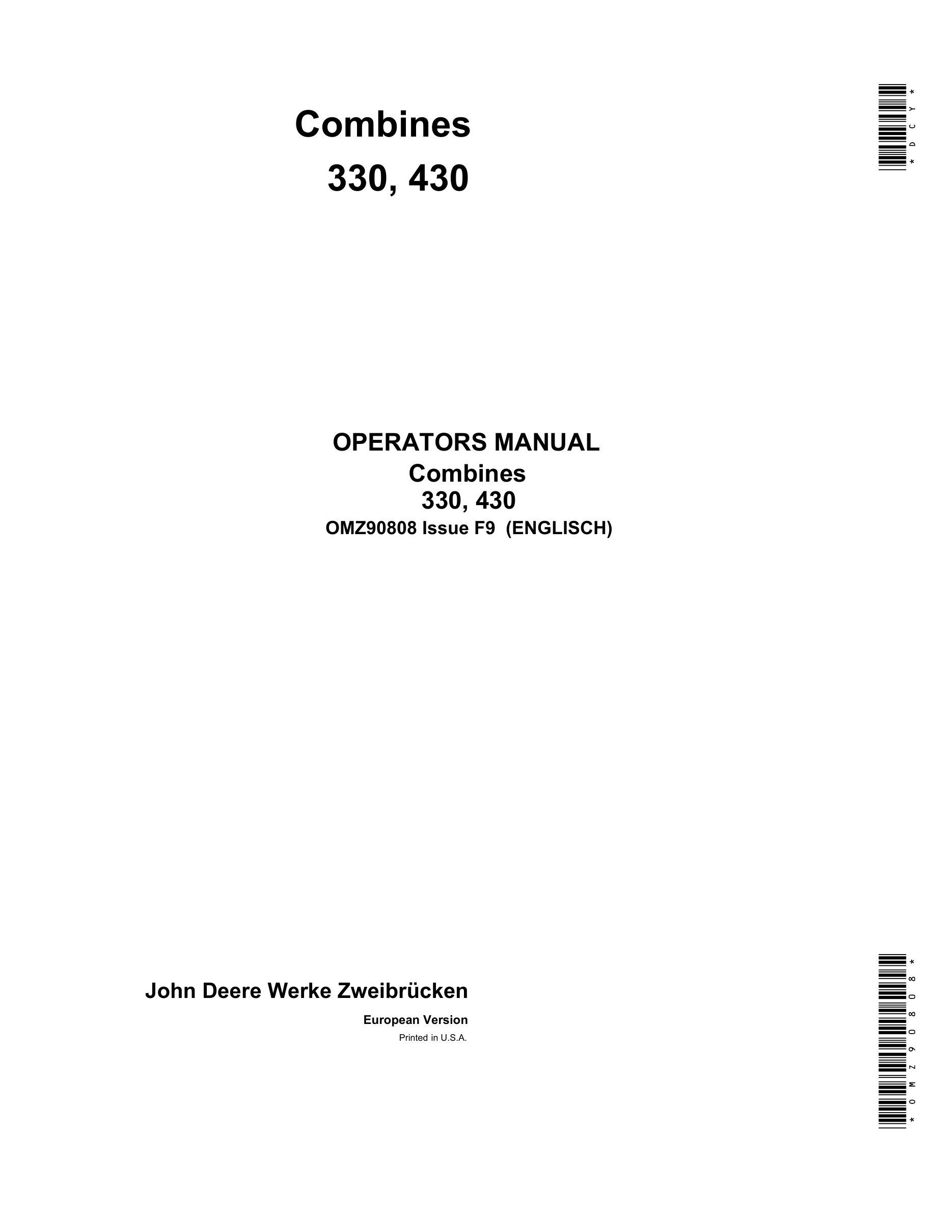 John Deere 330 430 Combine Operator Manual OMZ90808-1