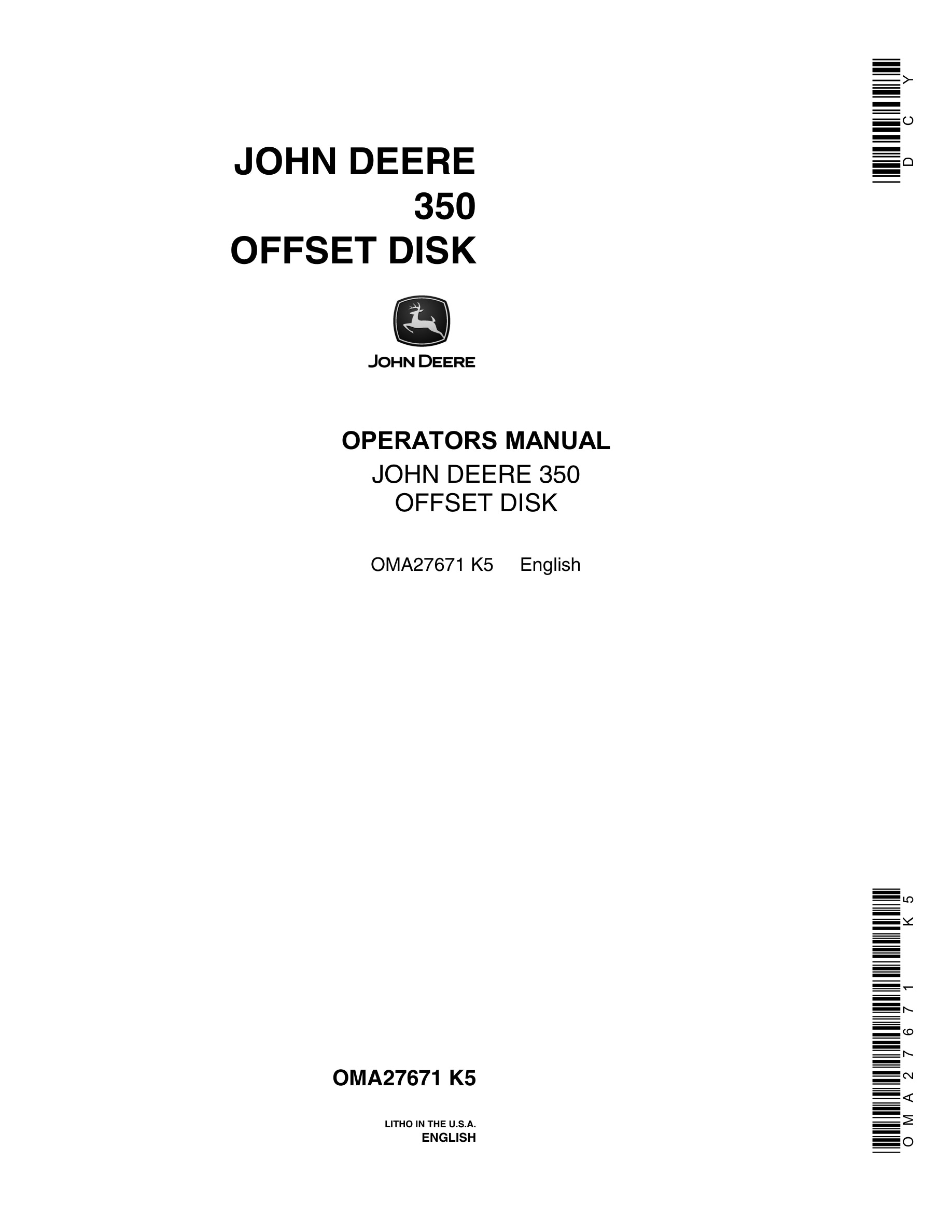 John Deere 350 OFFSET DISK Operator Manual OMA27671-1