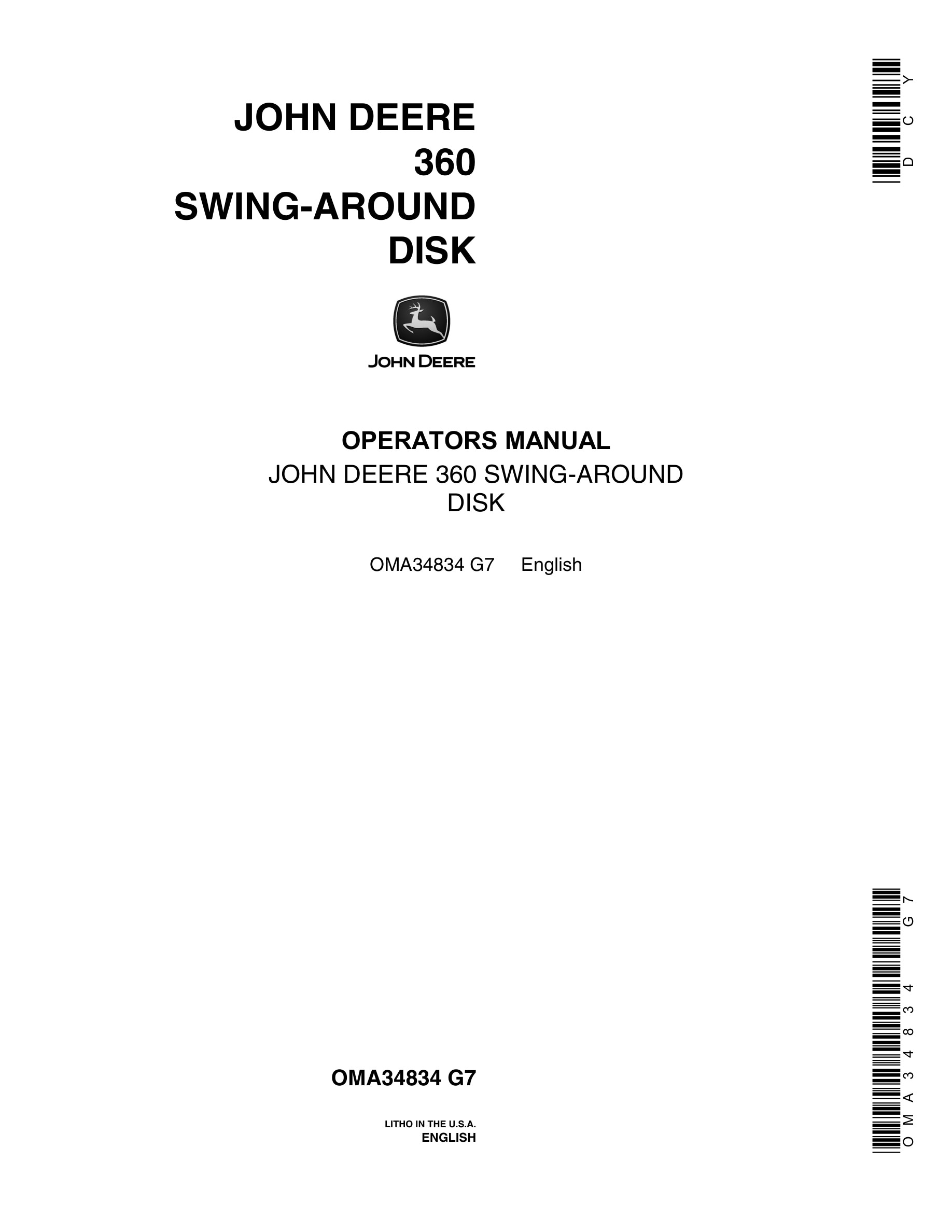 John Deere 360 SWING-AROUND DISK Operator Manual OMA34834-1