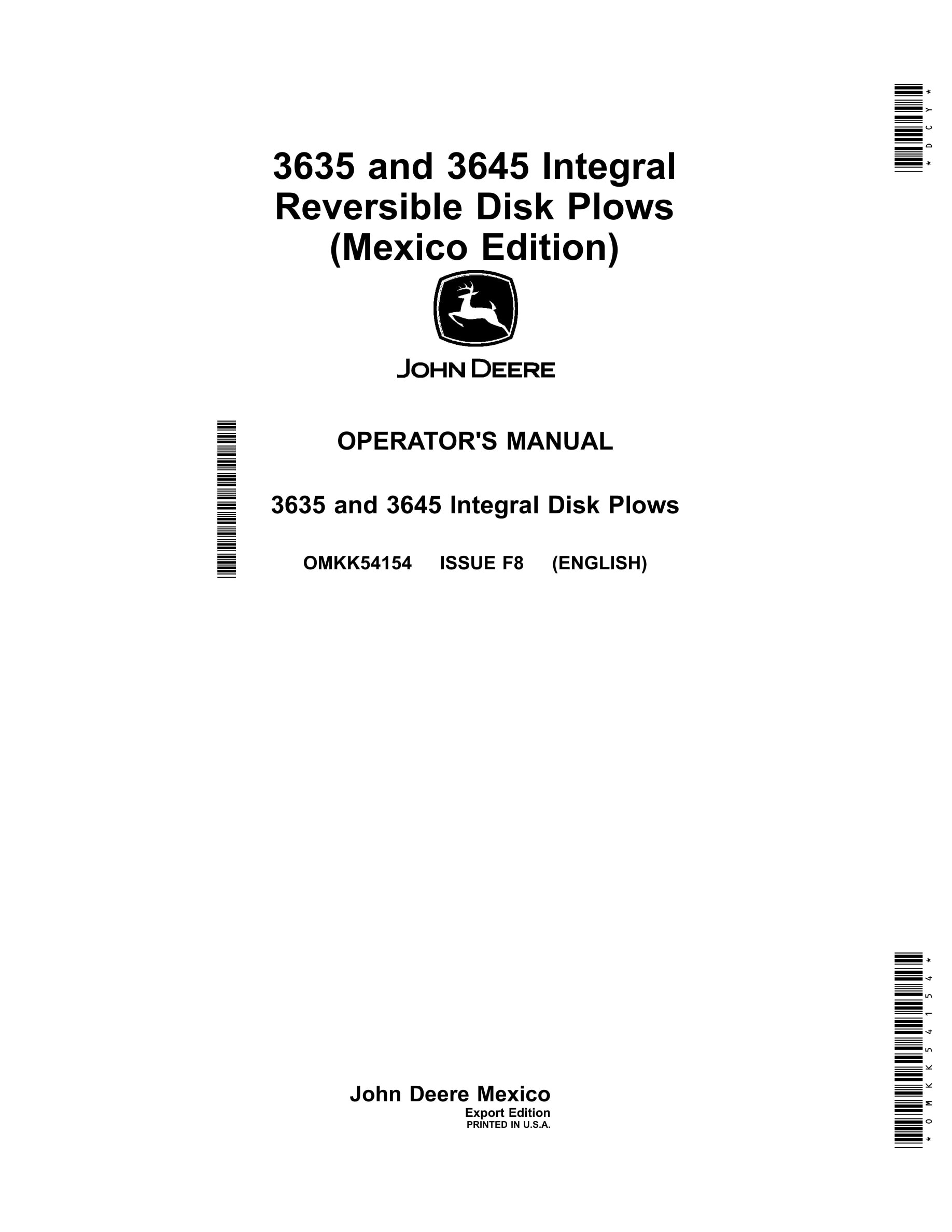 John Deere 3635 and 3645 Integral Disk Plows Operator Manual OMKK54154-1