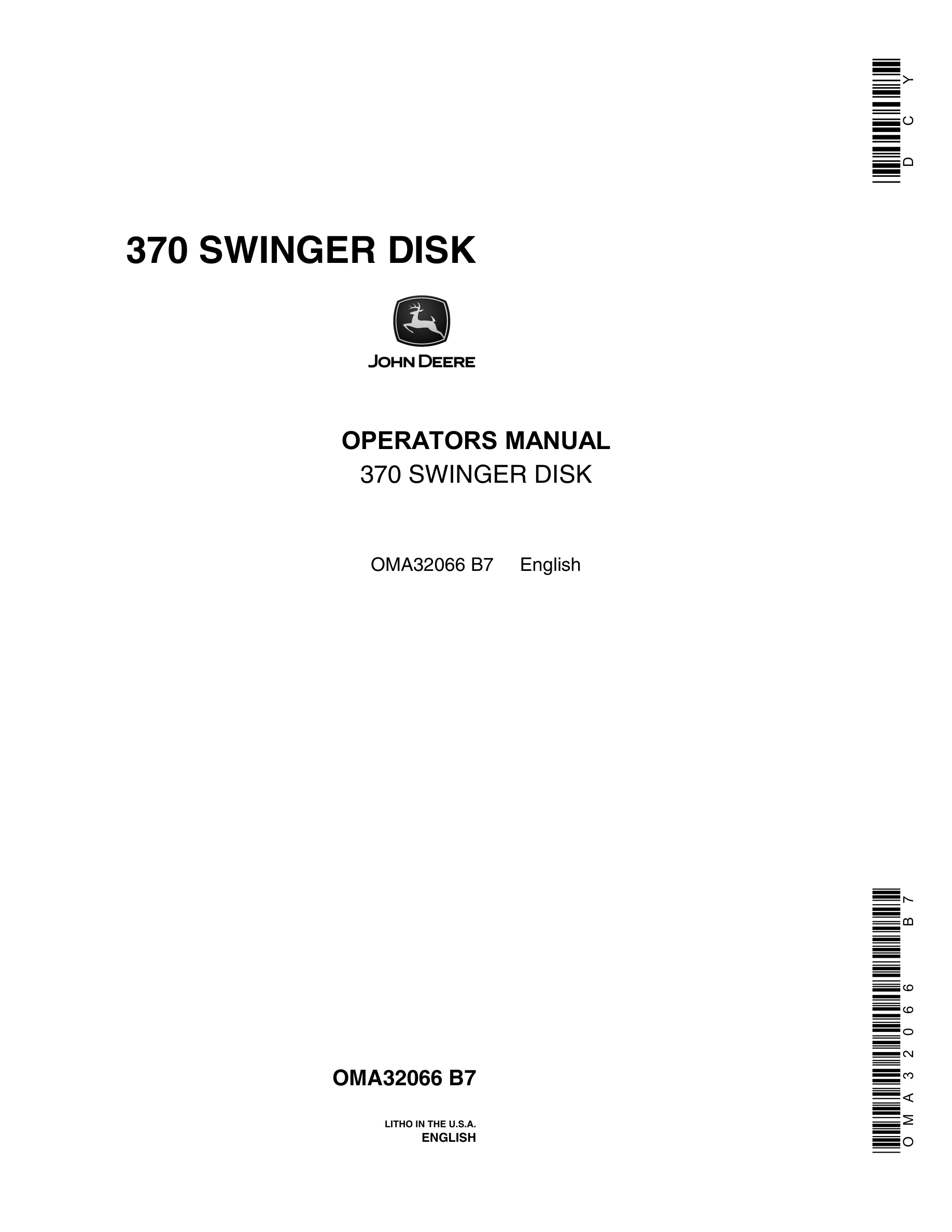 John Deere 370 SWINGER DISK Operator Manual OMA32066-1
