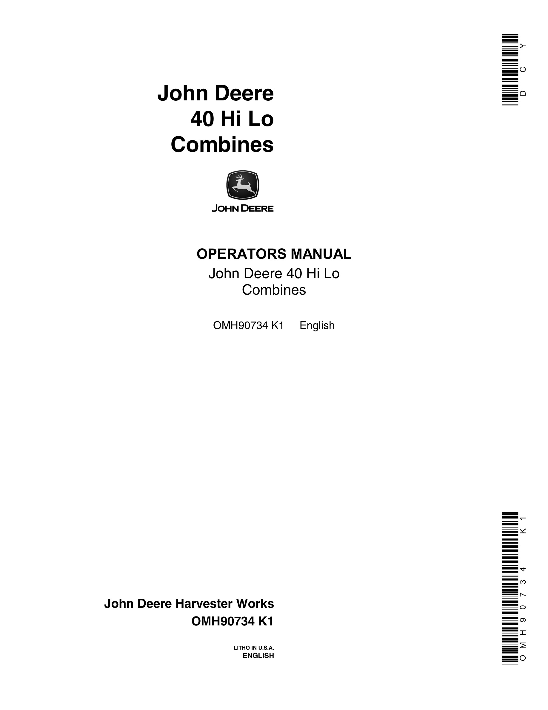 John Deere 40 Hi Lo Combine Operator Manual OMH90734-1