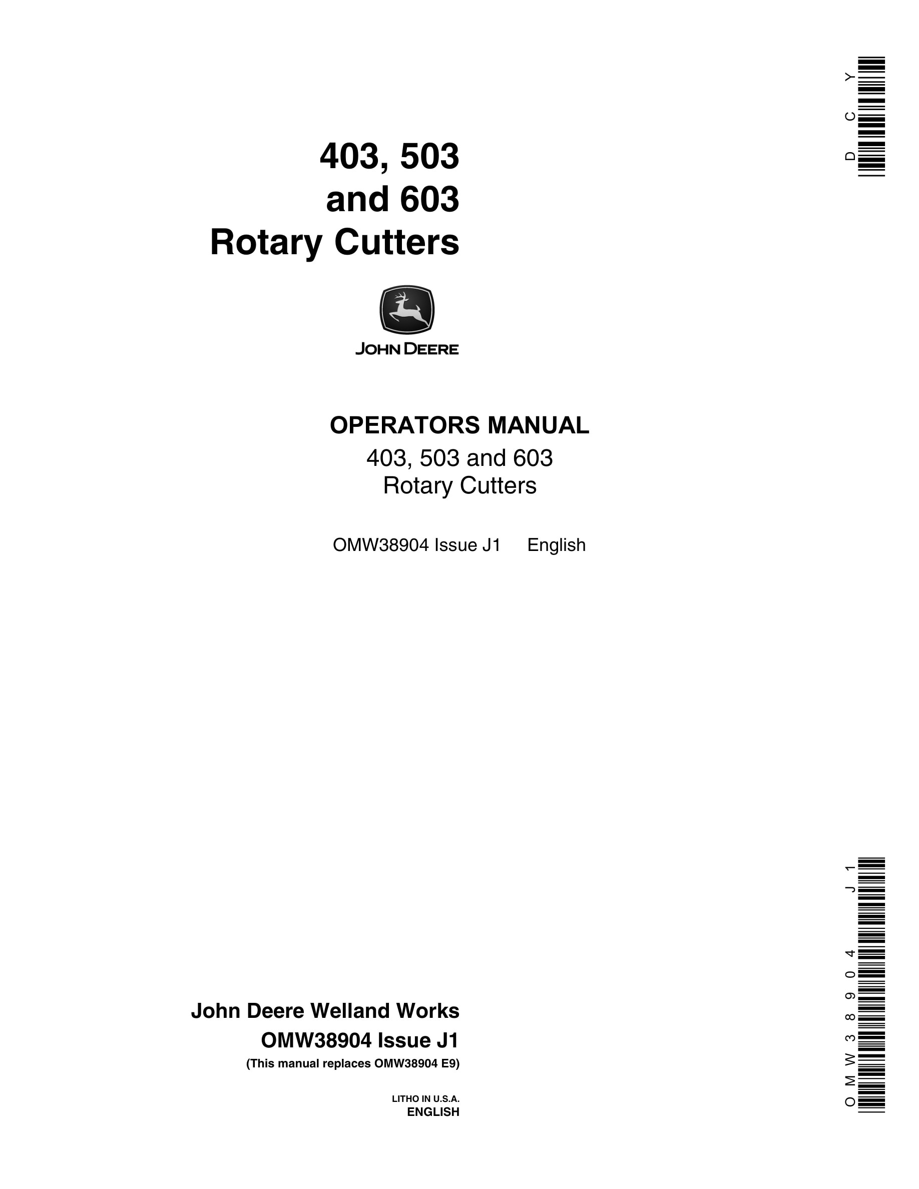 John Deere 403, 503 and 603 Rotary Cutter Operator Manual OMW38904-1