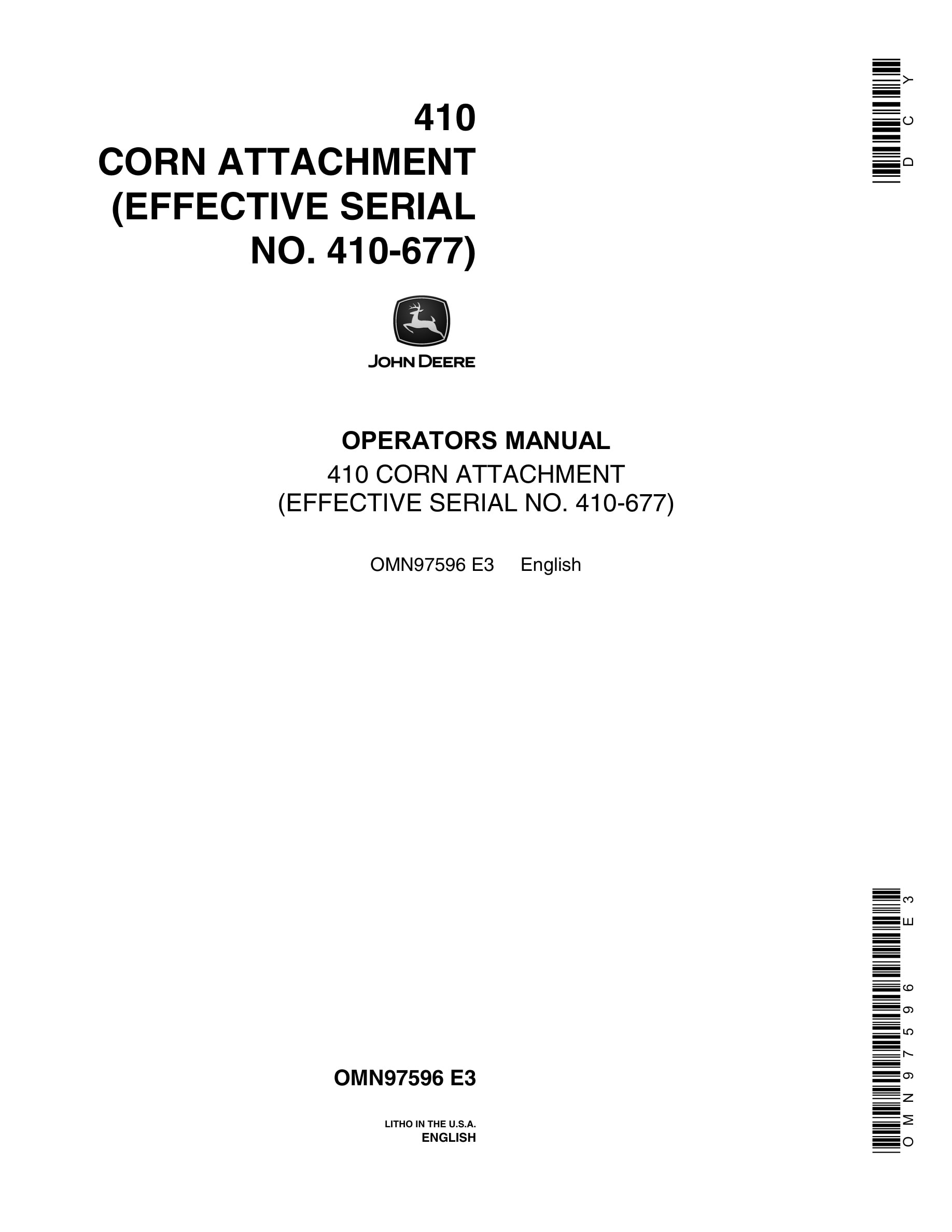 John Deere 410 Corn Attachment Operator Manual OMN97596-1
