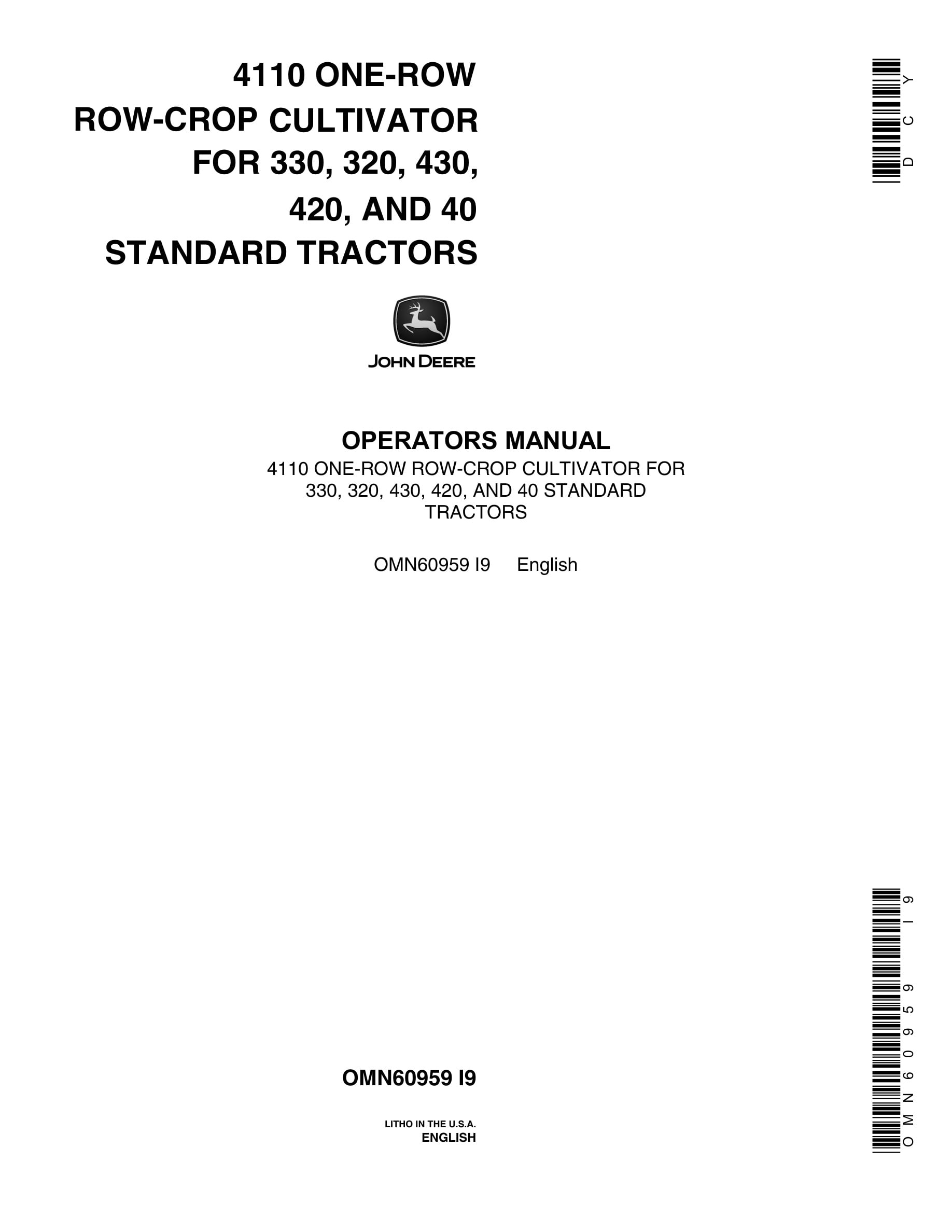 John Deere 4110 ONE-ROW ROW-CROP CULTIVATOR Operator Manual OMN60959-1