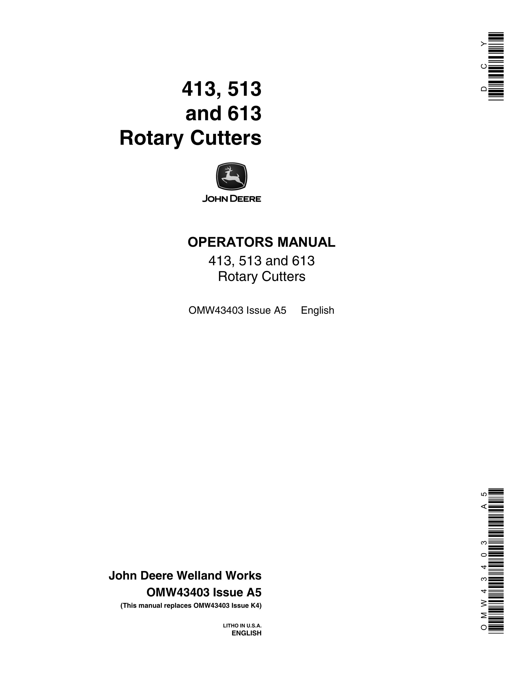 John Deere 413, 513 and 613 Rotary Cutter Operator Manual OMW43403-1