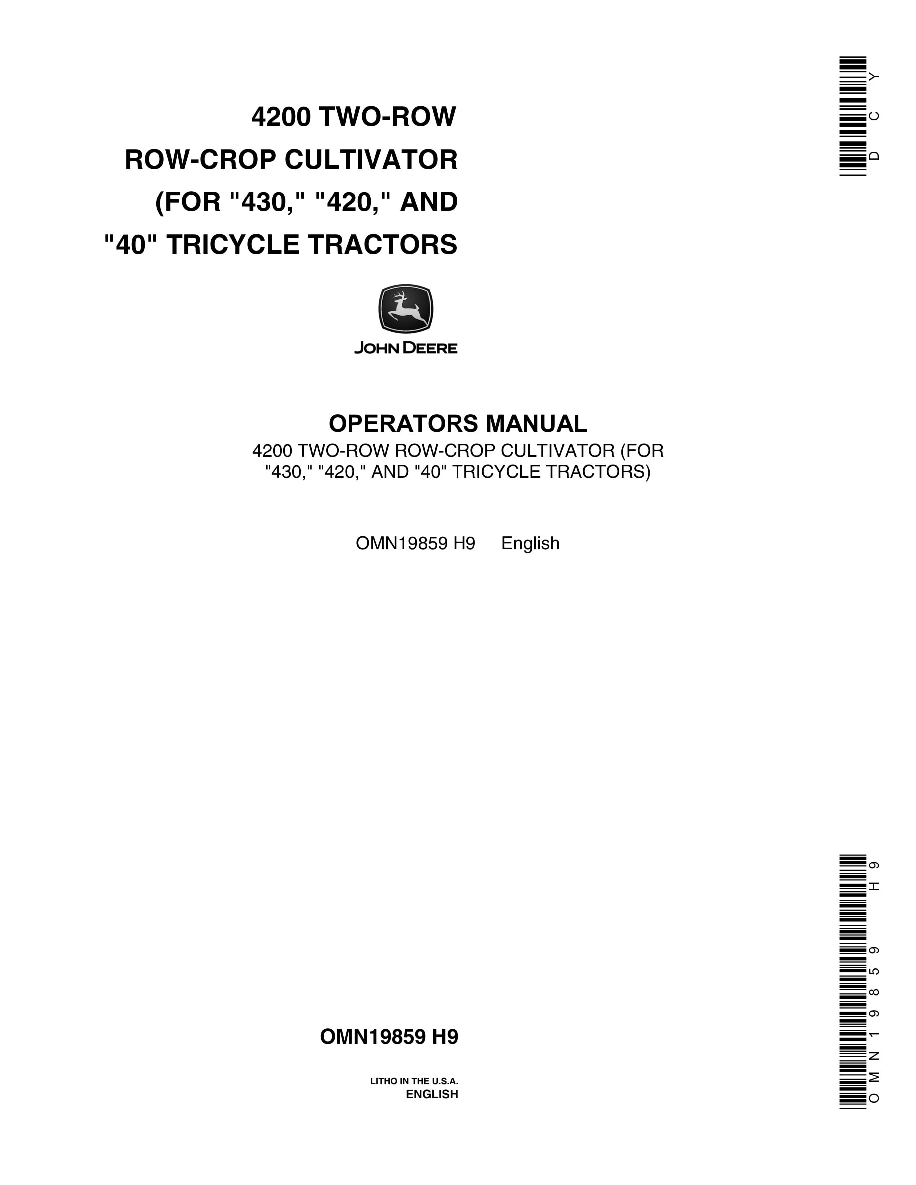John Deere 4200 TWO-ROW ROW-CROP CULTIVATOR Operator Manual OMN19859-1