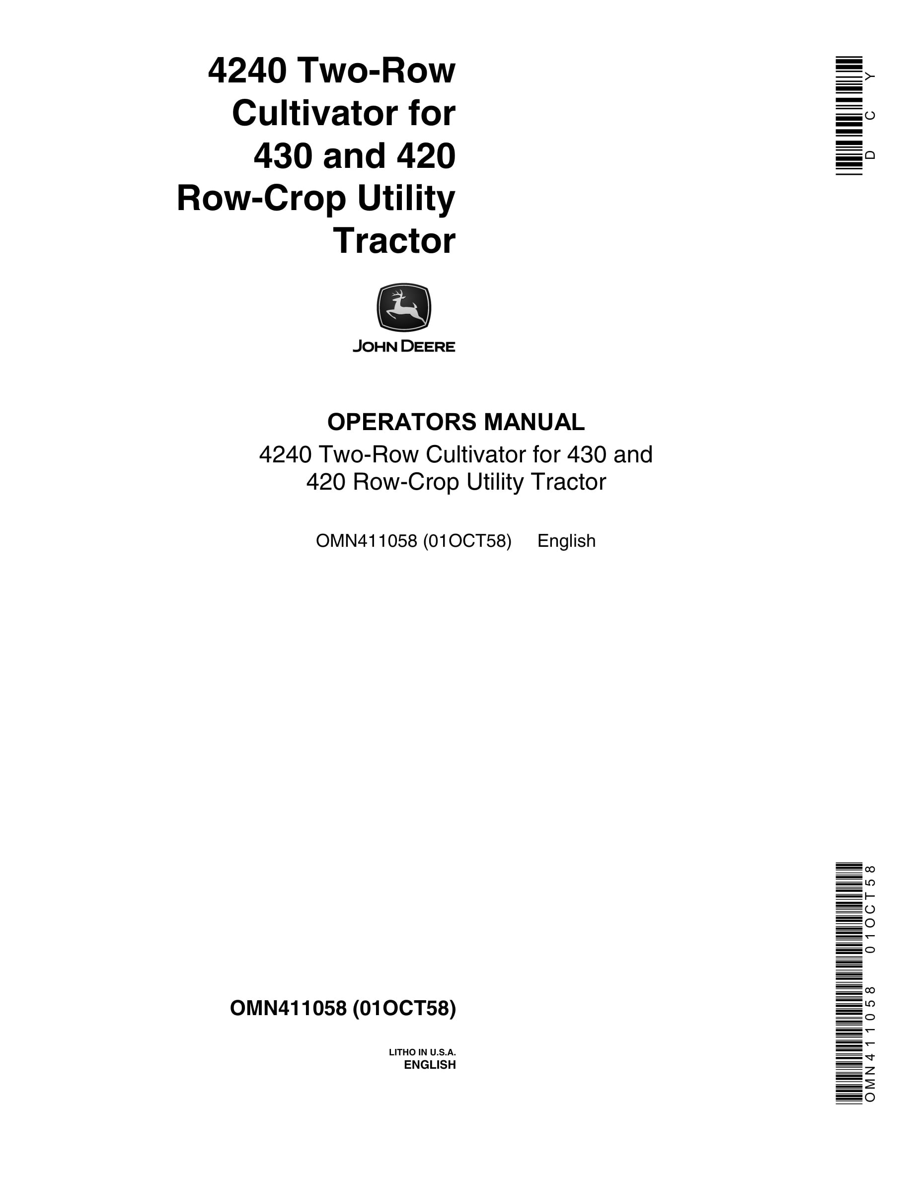 John Deere 4240 Two-Row CULTIVATOR for 430 and 420 Row Operator Manual OMN411058-1