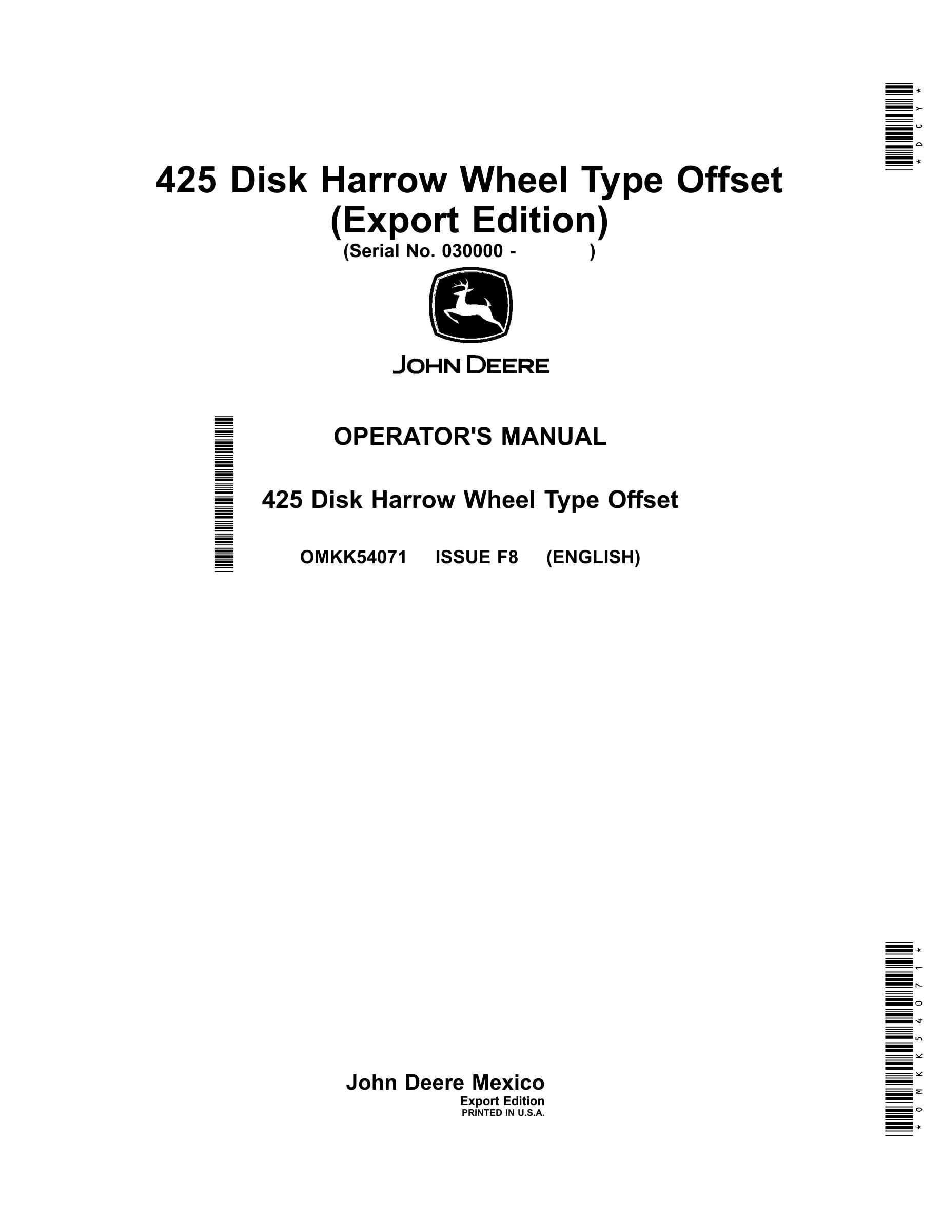 John Deere 425 Disk Harrow Wheel Type Offset Operator Manual OMKK54071-1