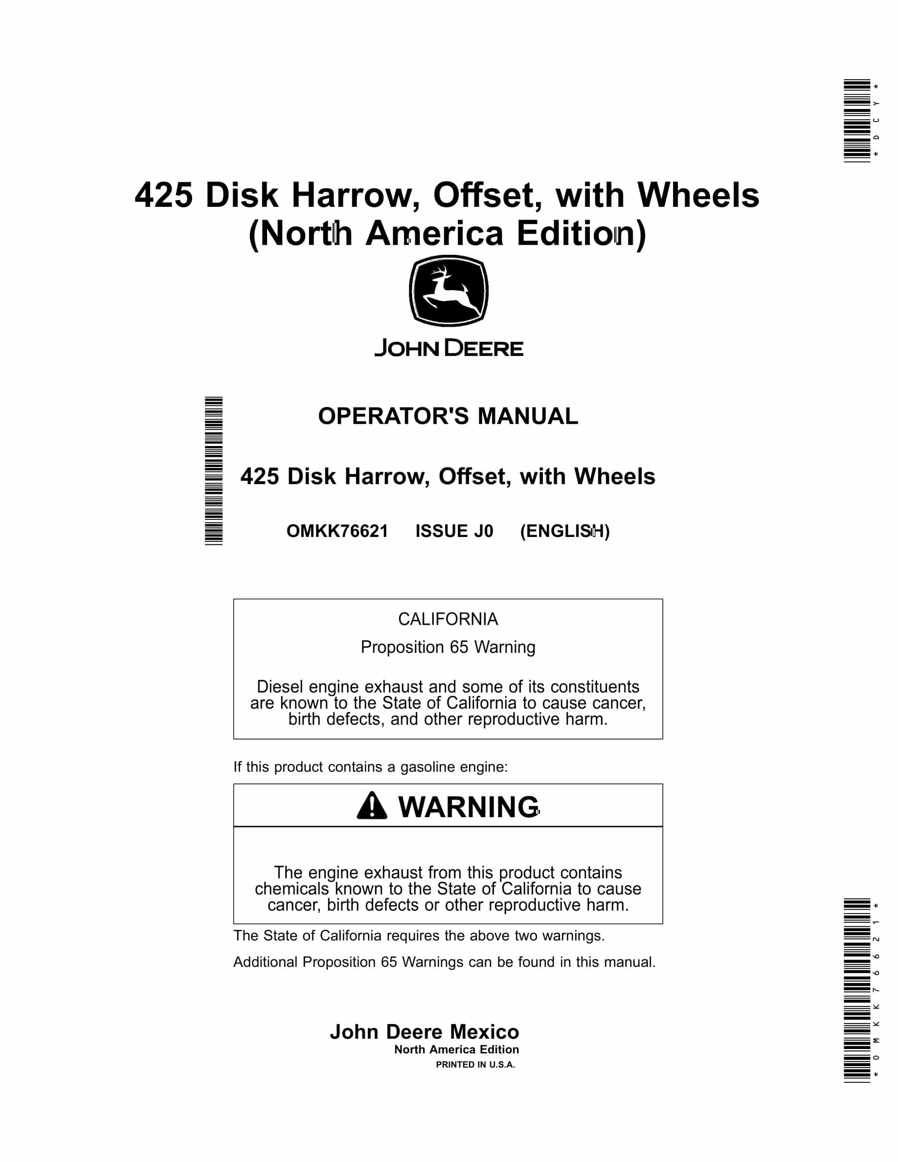 John Deere 425 Disk Harrow Wheel Type Offset Operator Manual OMKK76621-1