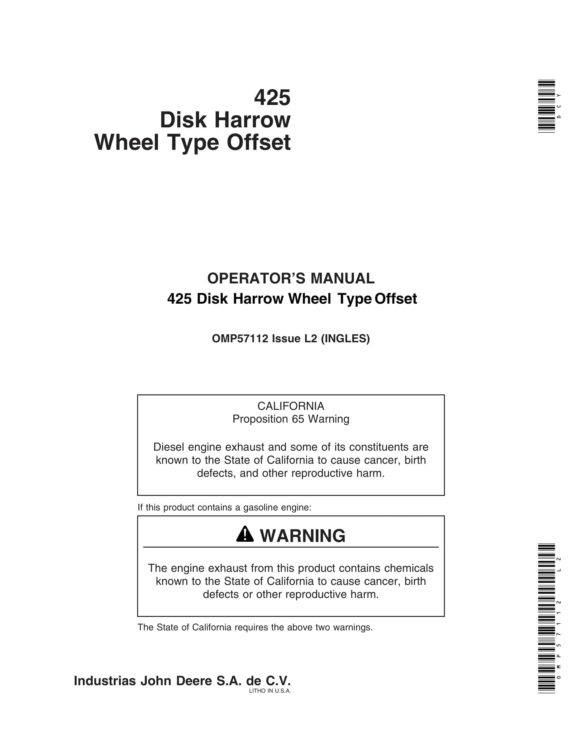 John Deere 425 Disk Harrow Wheel Type Offset Operator Manual OMP57112-1
