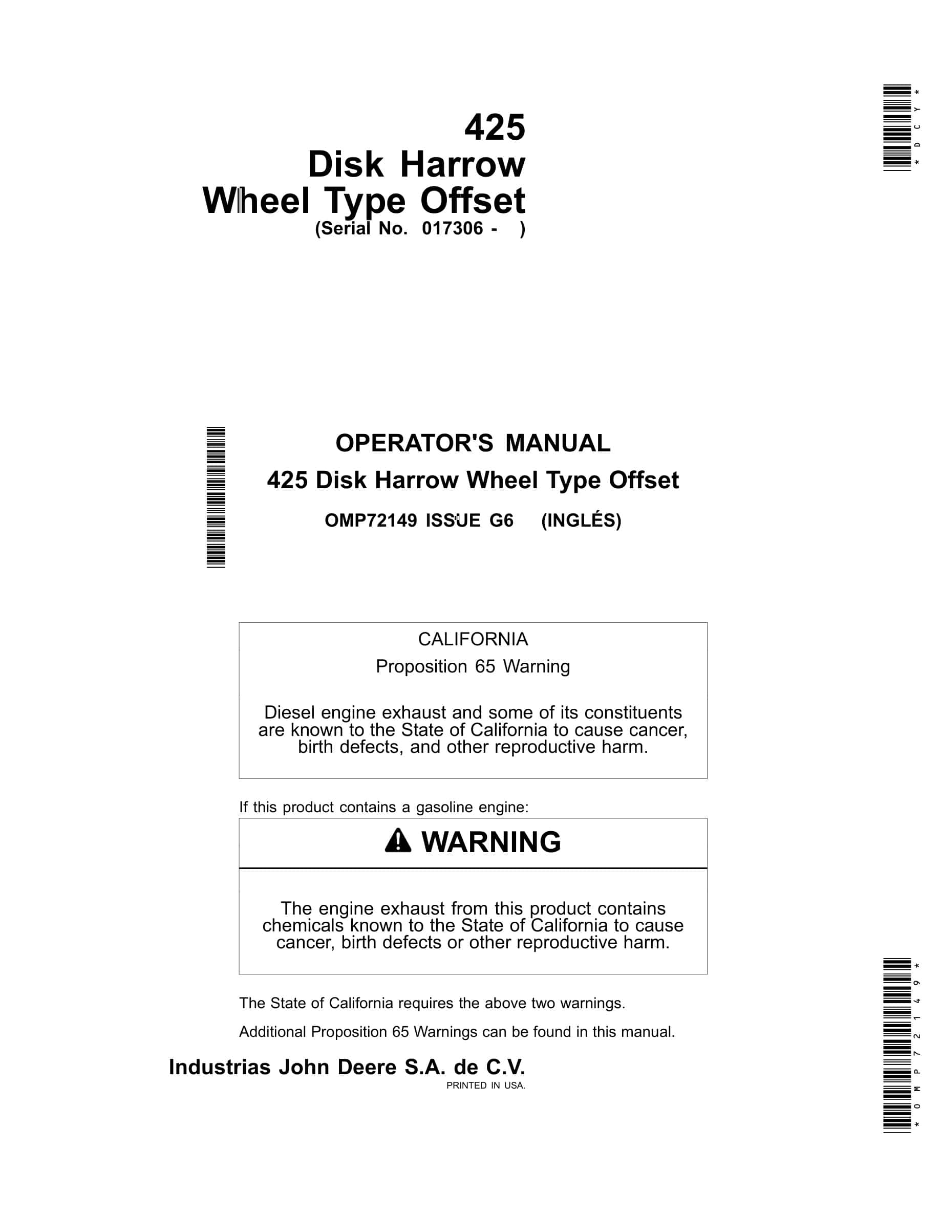 John Deere 425 Disk Harrow Wheel Type Offset Operator Manual OMP72149-1