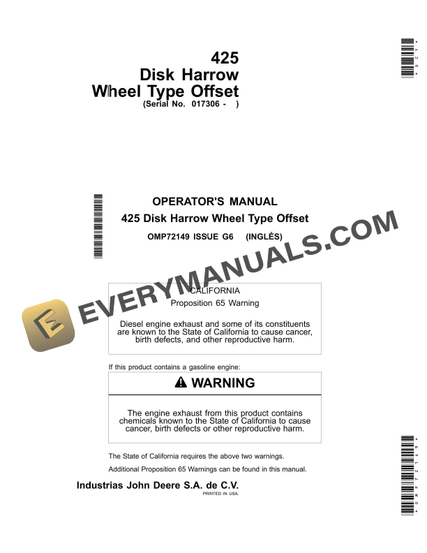 John Deere 425 Disk Harrow Wheel Type Offset Operator Manual OMP72149