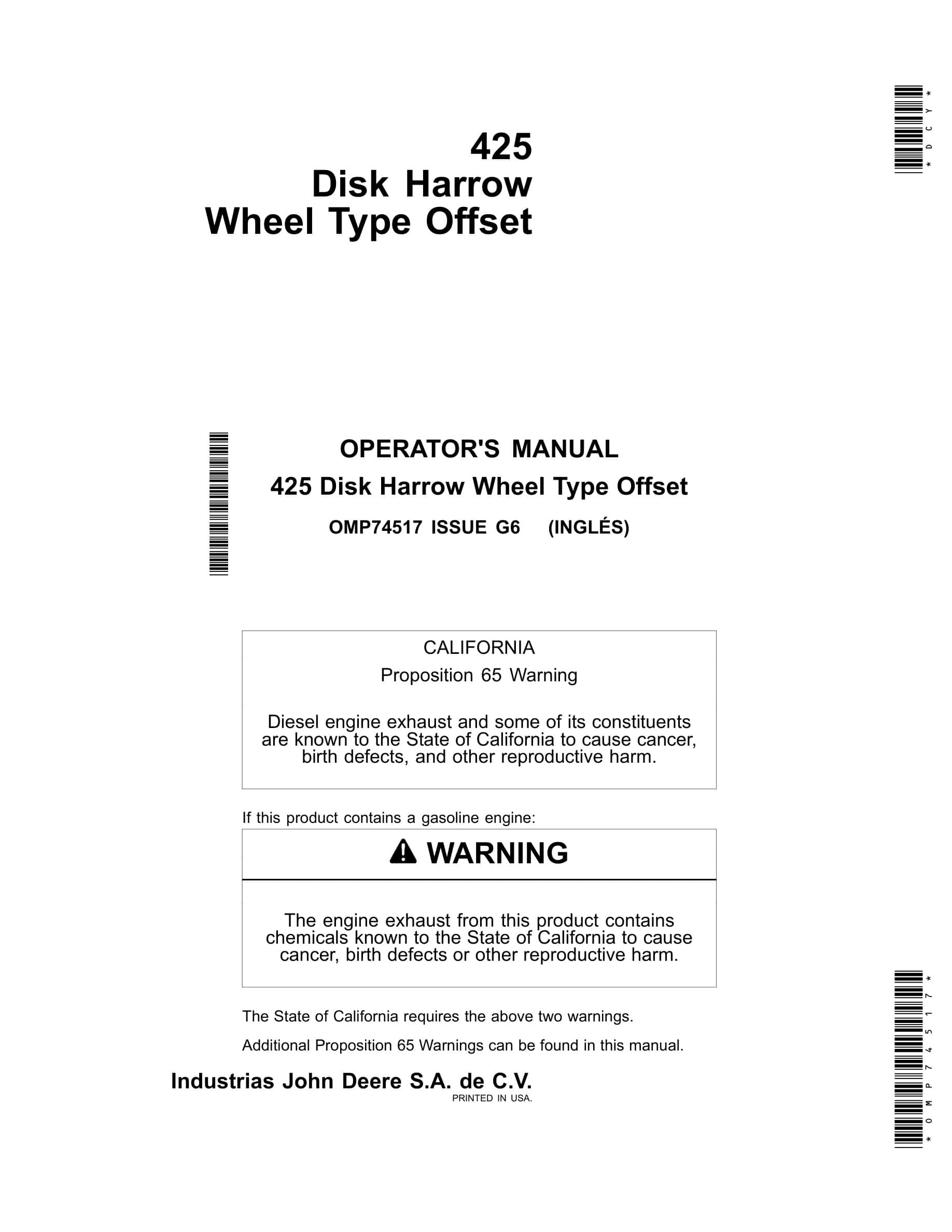 John Deere 425 Disk Harrow Wheel Type Offset Operator Manual OMP74517-1