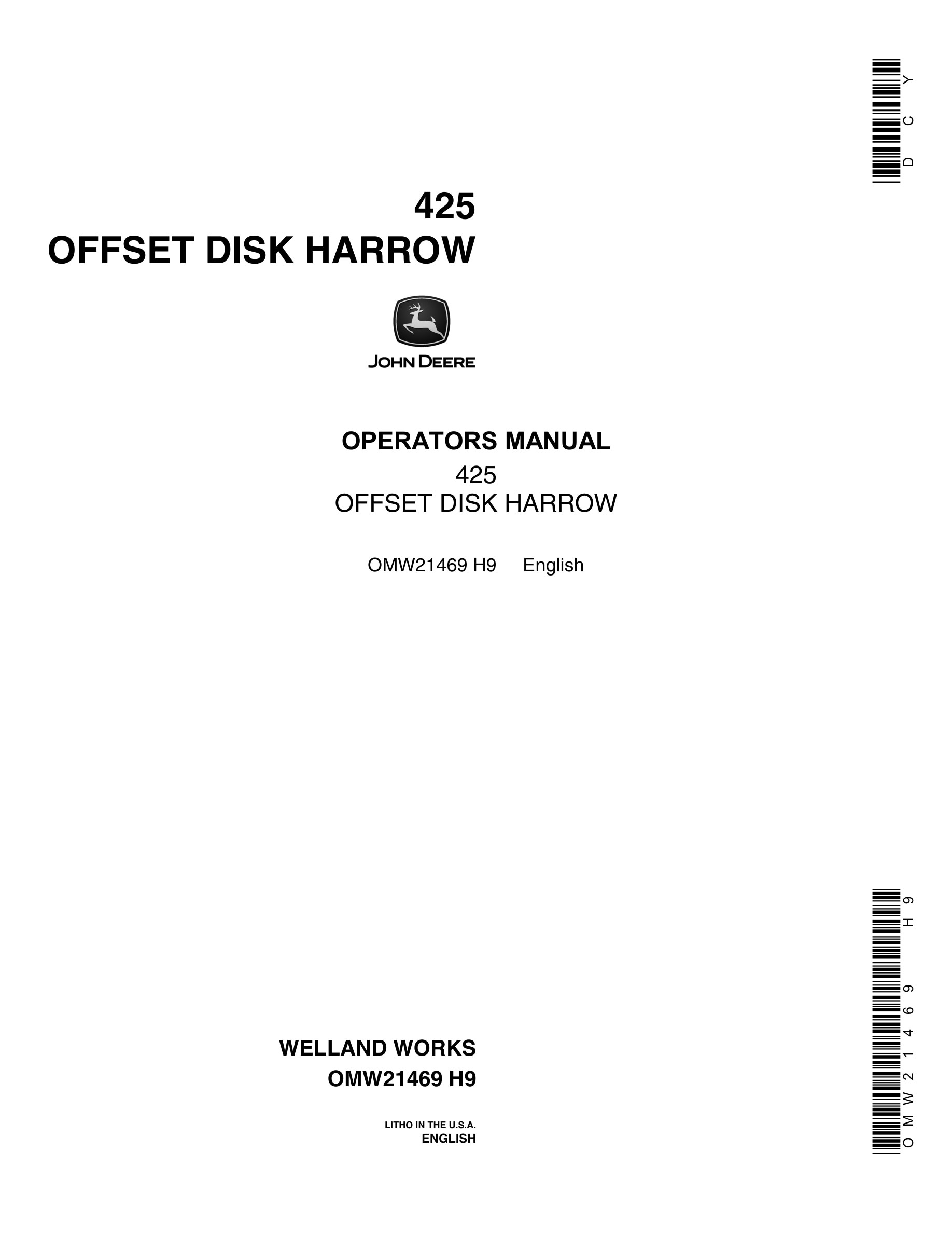 John Deere 425 OFFSET DISK HARROW Operator Manual OMW21469-1