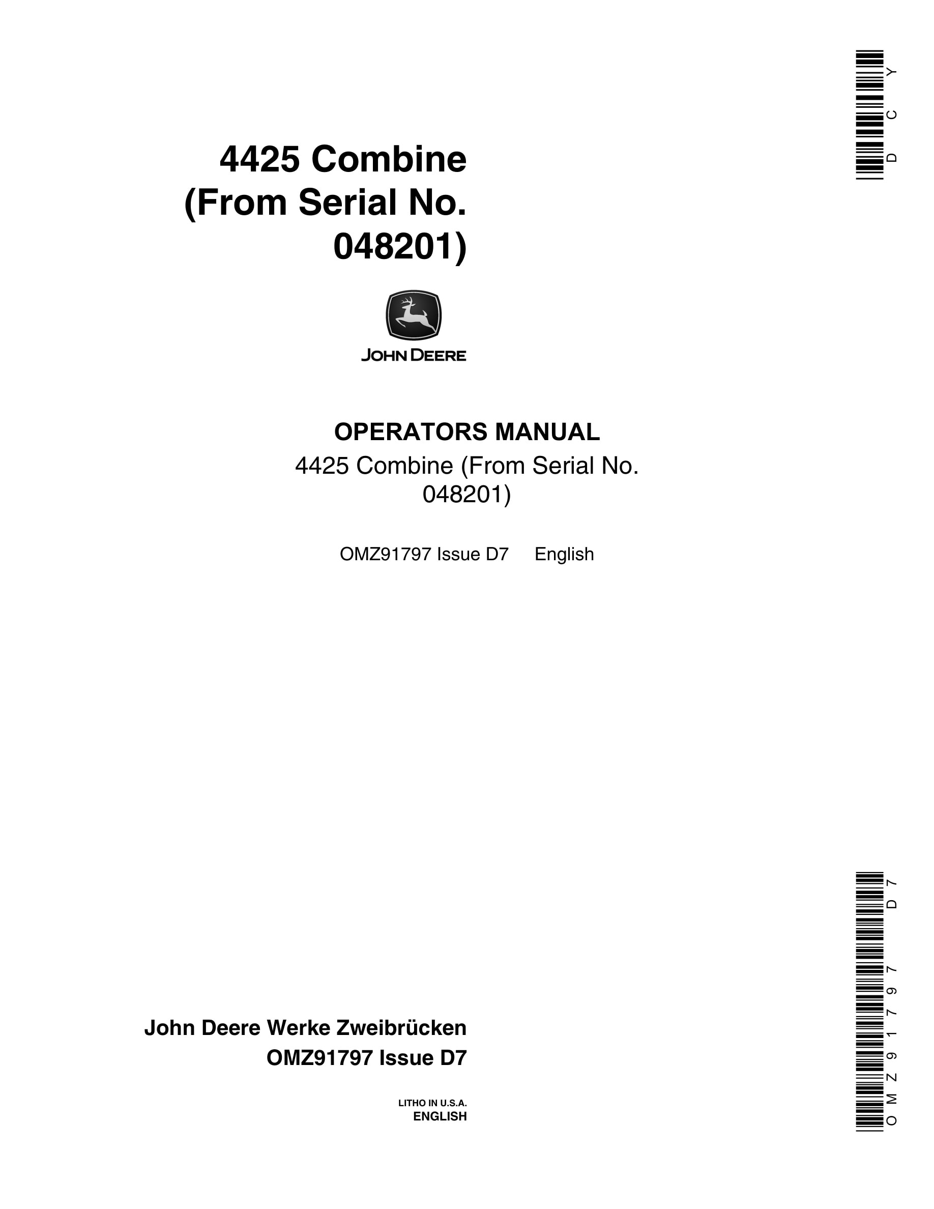 John Deere 4425 Combine Operator Manual OMZ91797-1