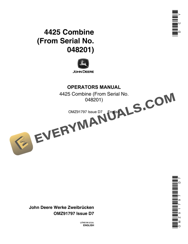 John Deere 4425 Combine Operator Manual OMZ91797