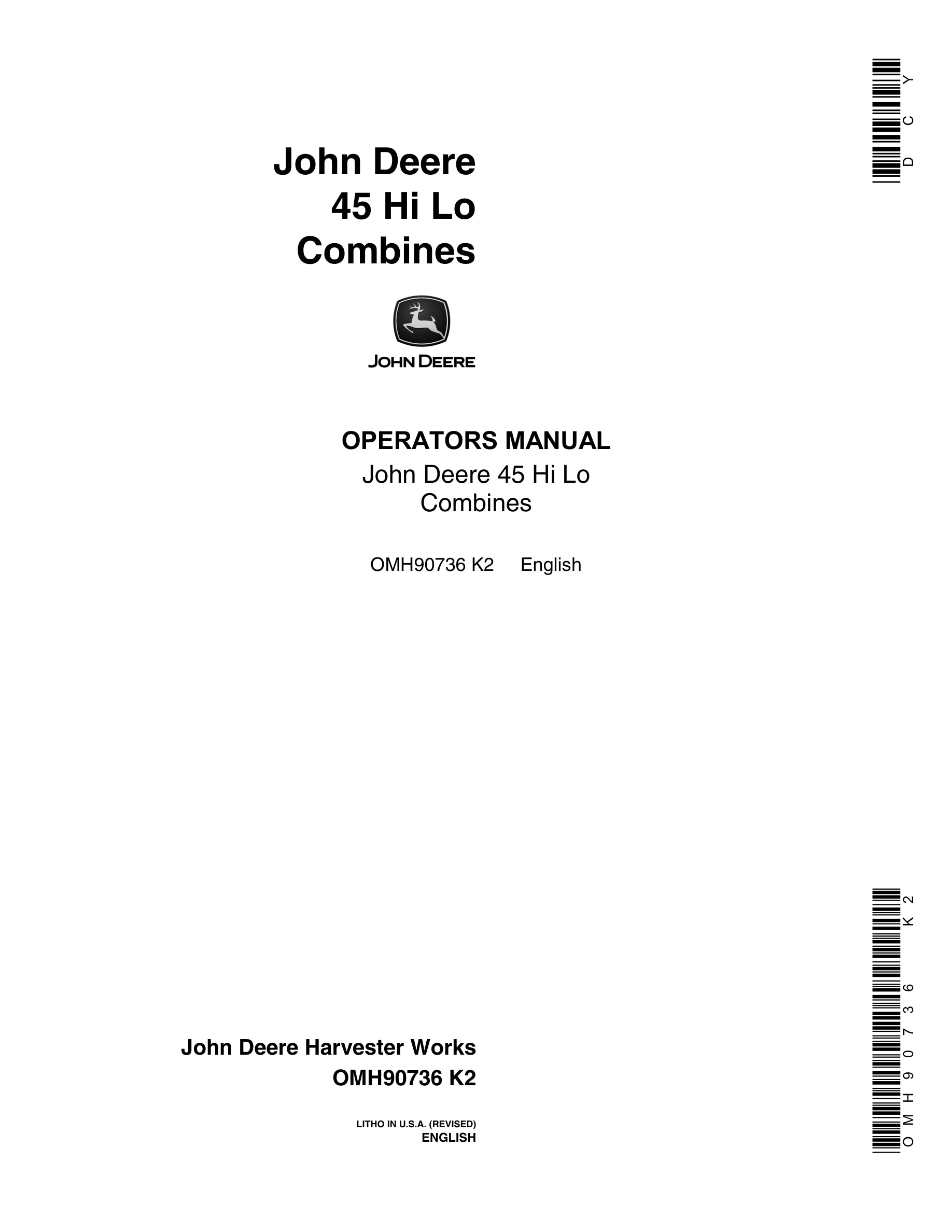 John Deere 45 Hi Lo Combine Operator Manual OMH90736-1