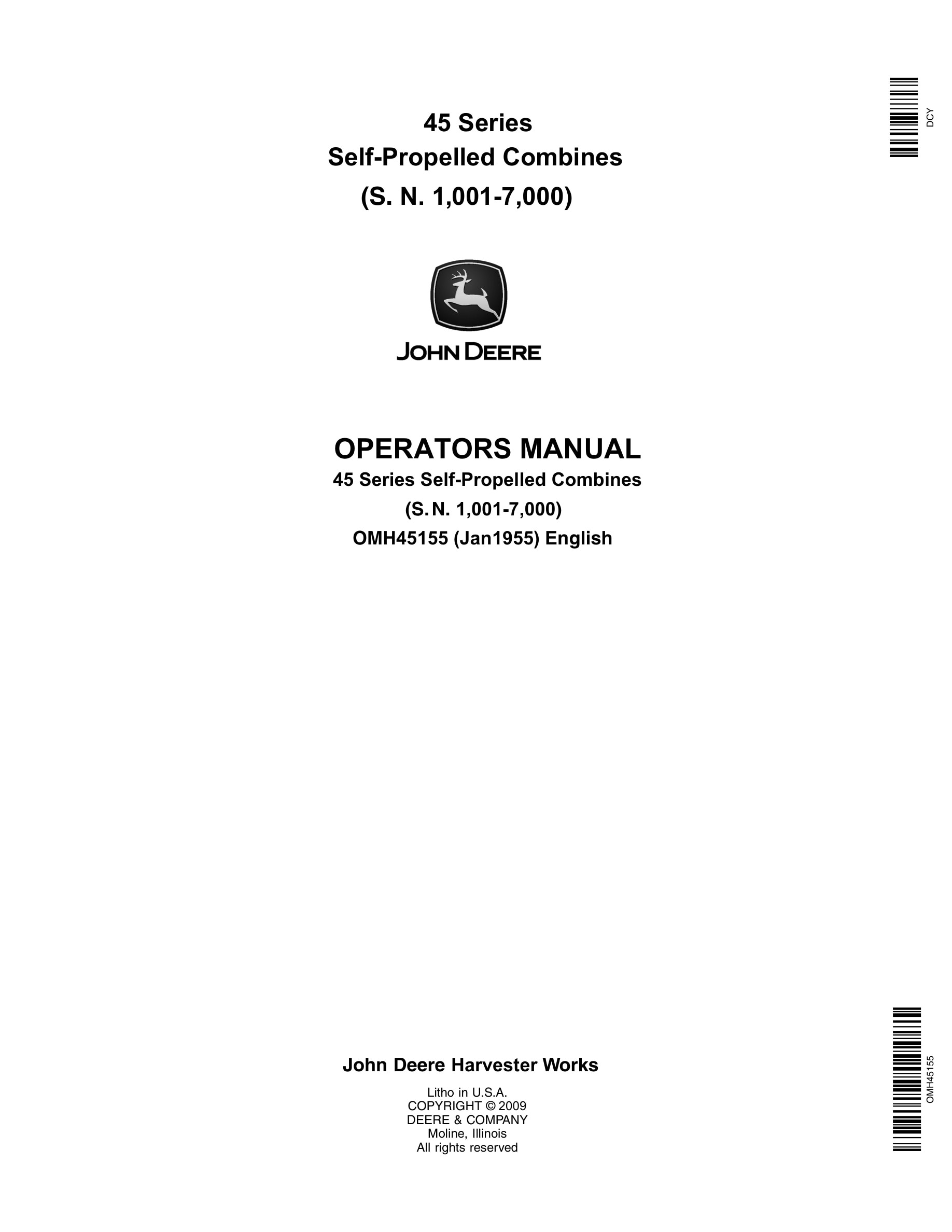 John Deere 45 Series Series Self-Propelled Combine Operator Manual OMH45155-1