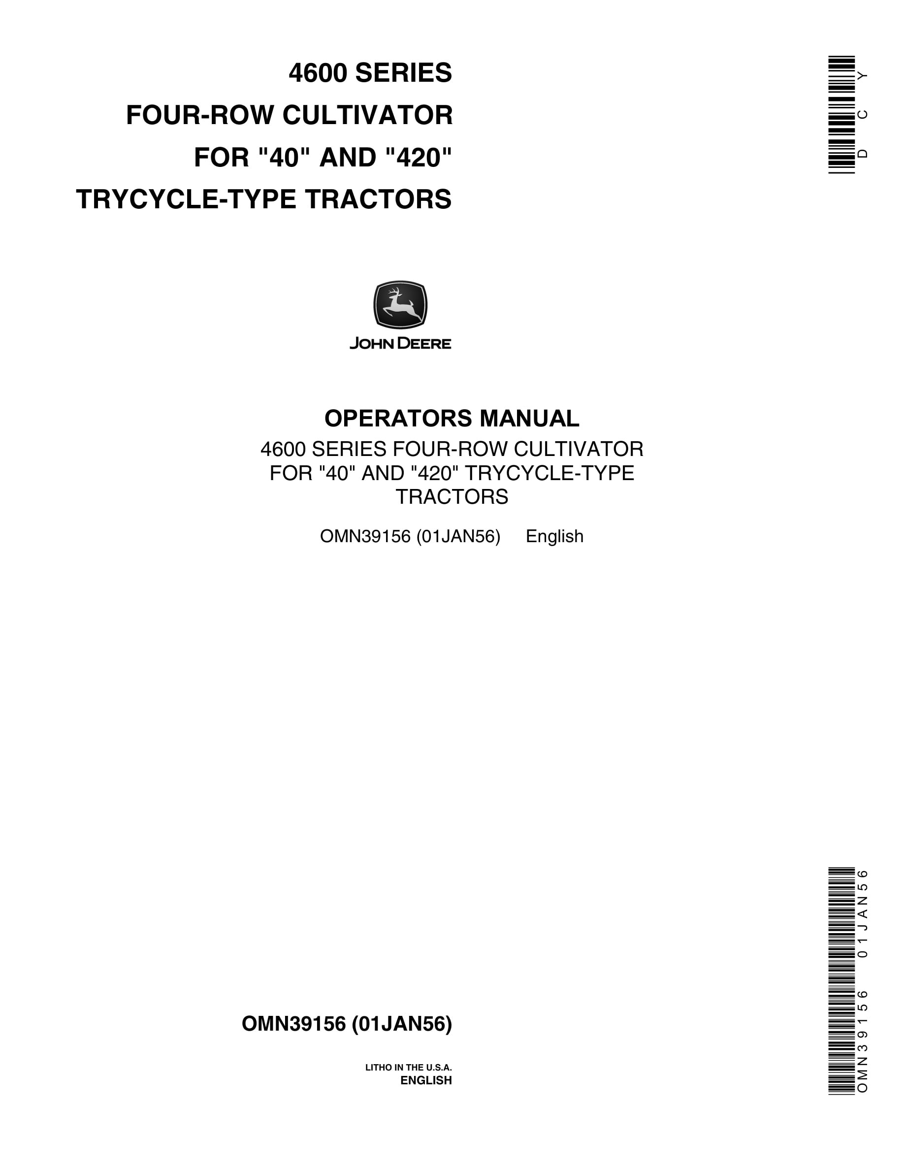 John Deere 4600 SERIES FOUR-ROW CULTIVATOR Operator Manual OMN39156-1