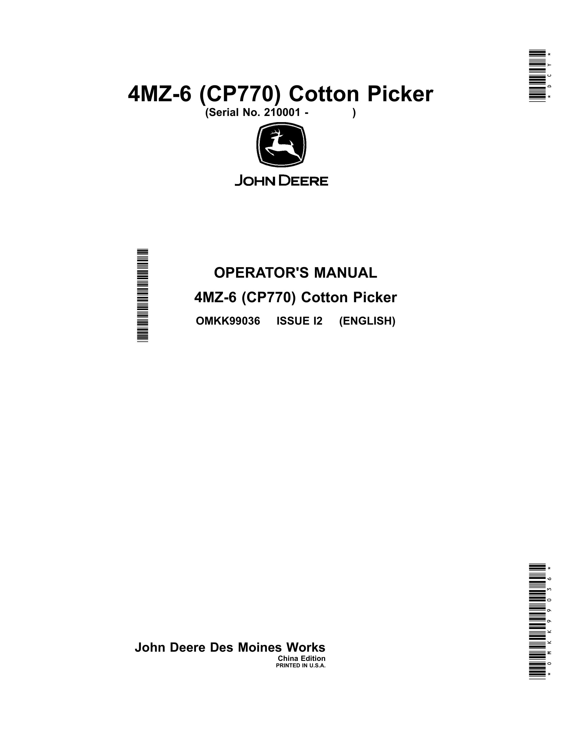 John Deere 4MZ-6 (CP770) Cotton Picker Operator Manual OMKK99036-1