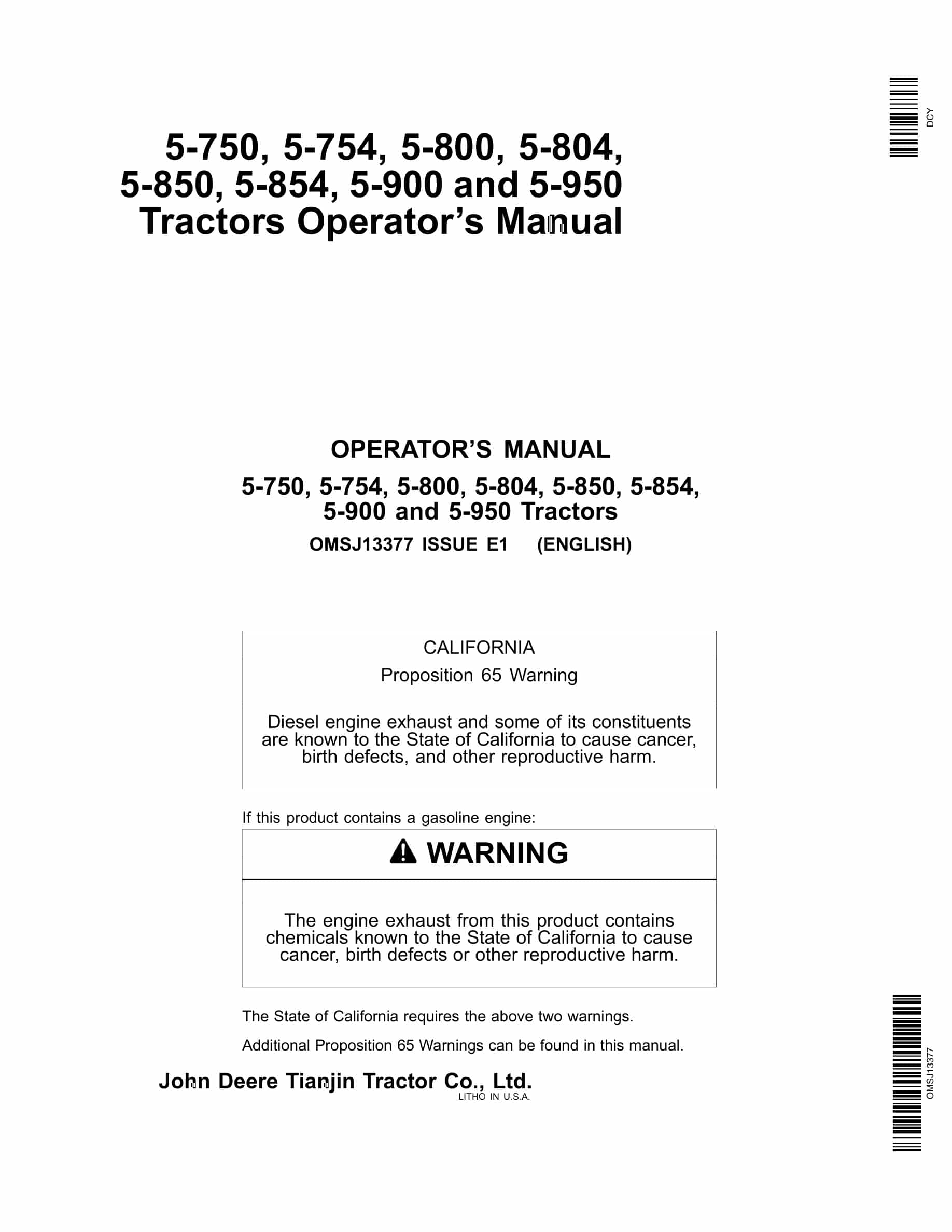 John Deere 5-750, 5-754, 5-800, 5-804, 5-850, 5-854, 5-900 And 5-950 Tractors Operator Manuals OMSJ13377-1