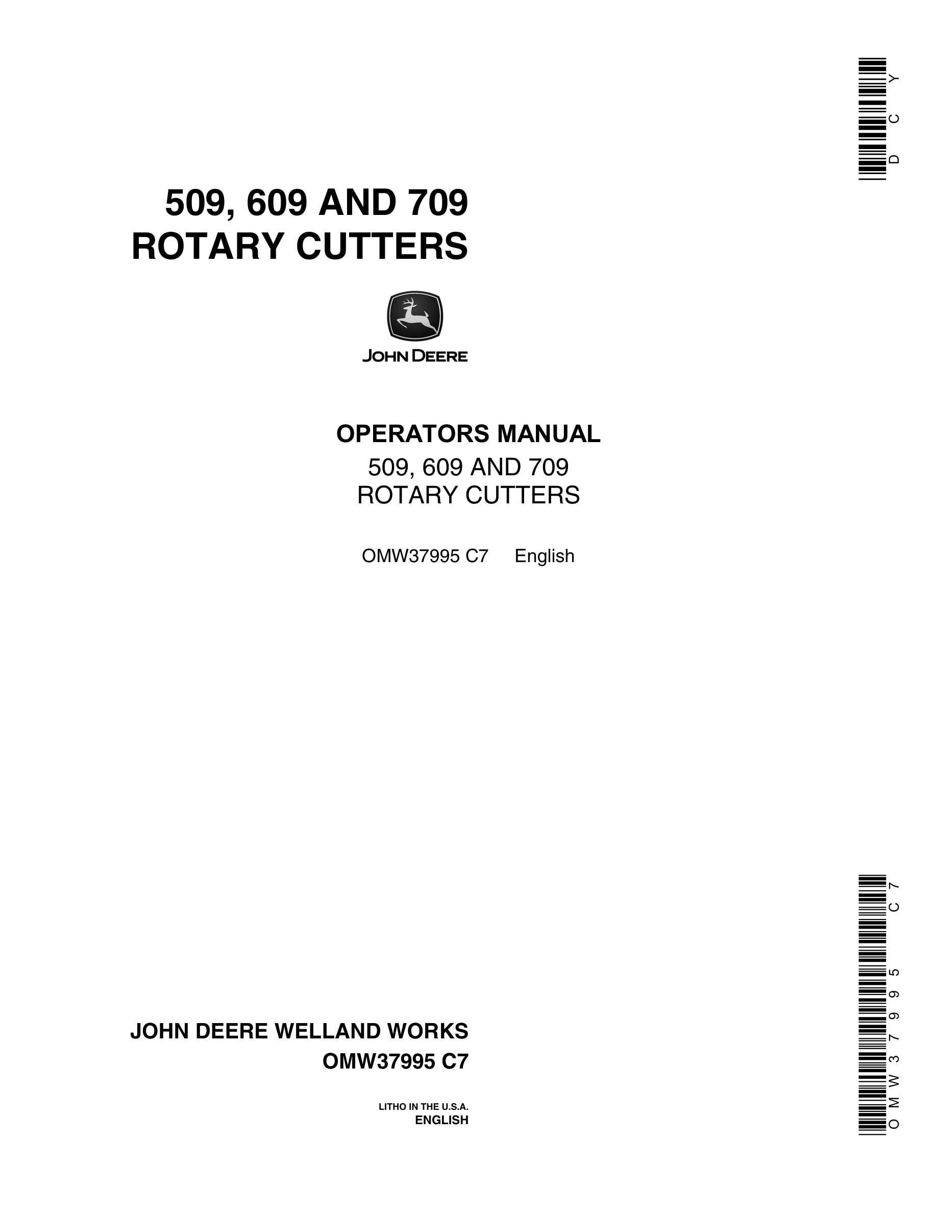 John Deere 509 609 709 Rotary Cutter Operator Manual OMW37995-1