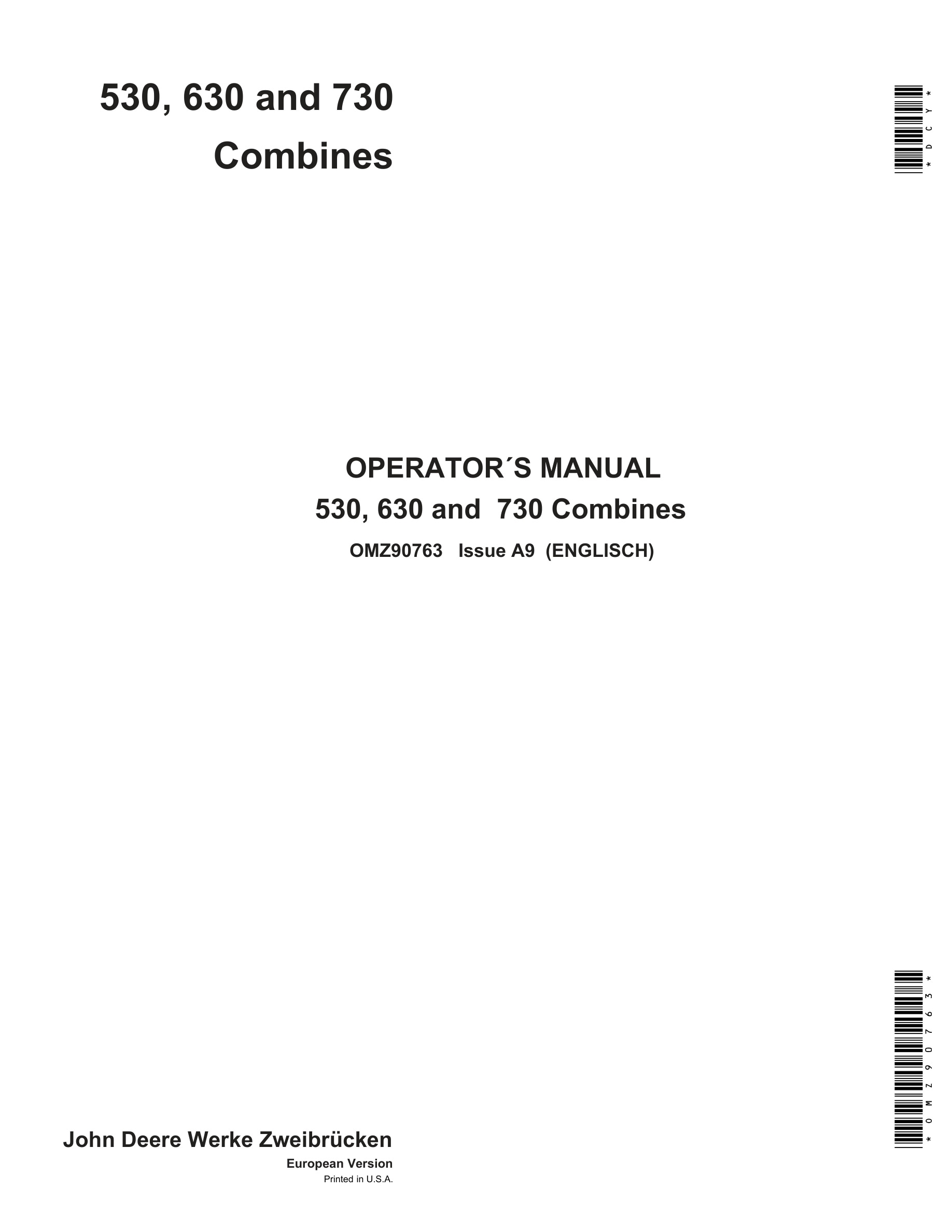 John Deere 530, 630 and 730 Combine Operator Manual OMZ90763-1
