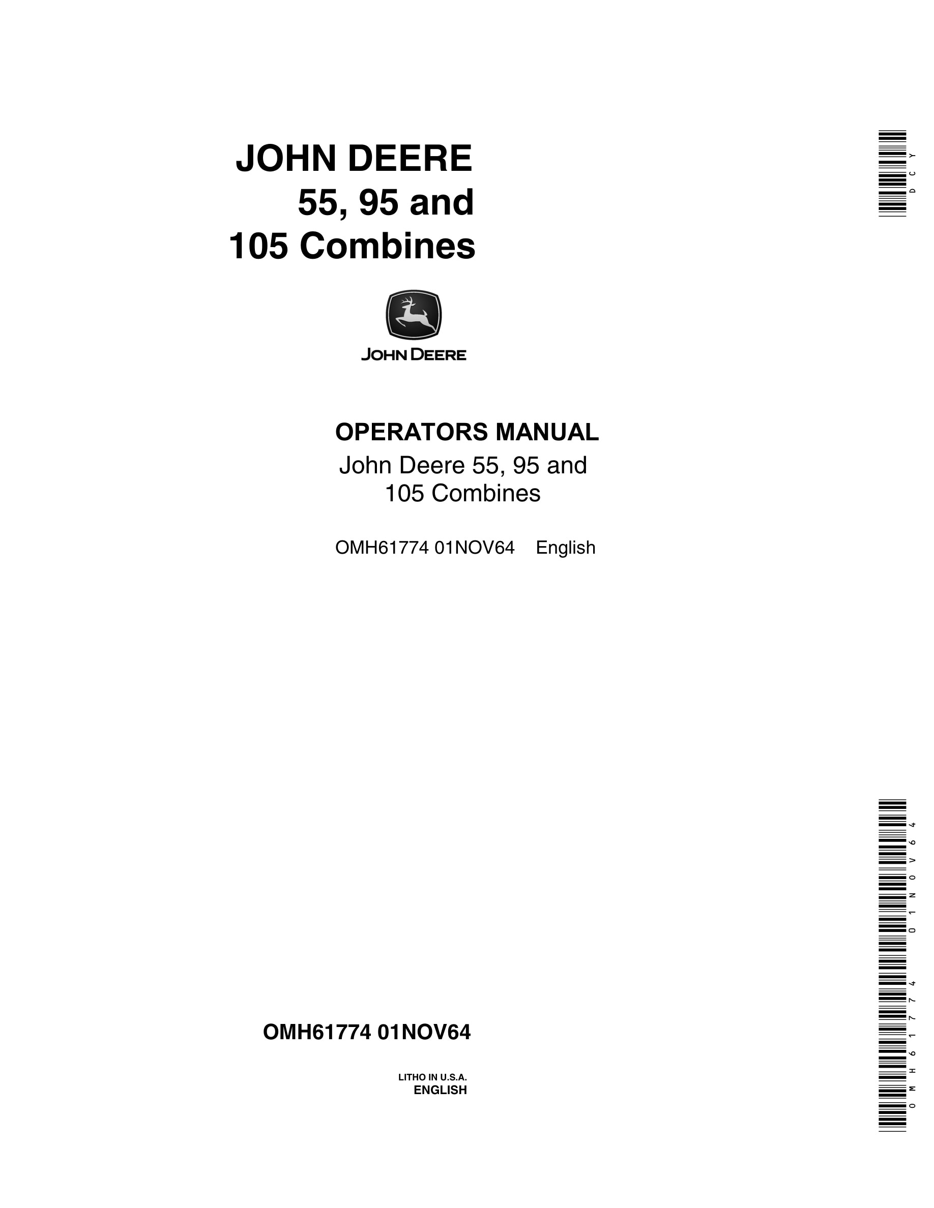 John Deere 55, 95 and 105 Combine Operator Manual OMH61774-1