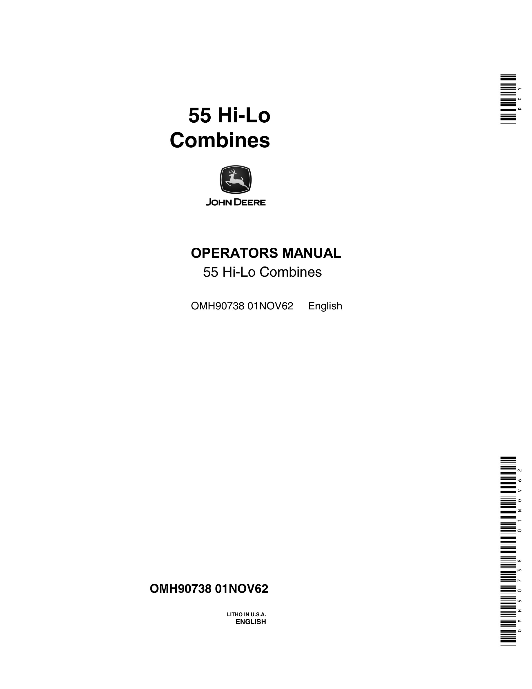 John Deere 55 Hi-Lo Combine Operator Manual OMH90738-1