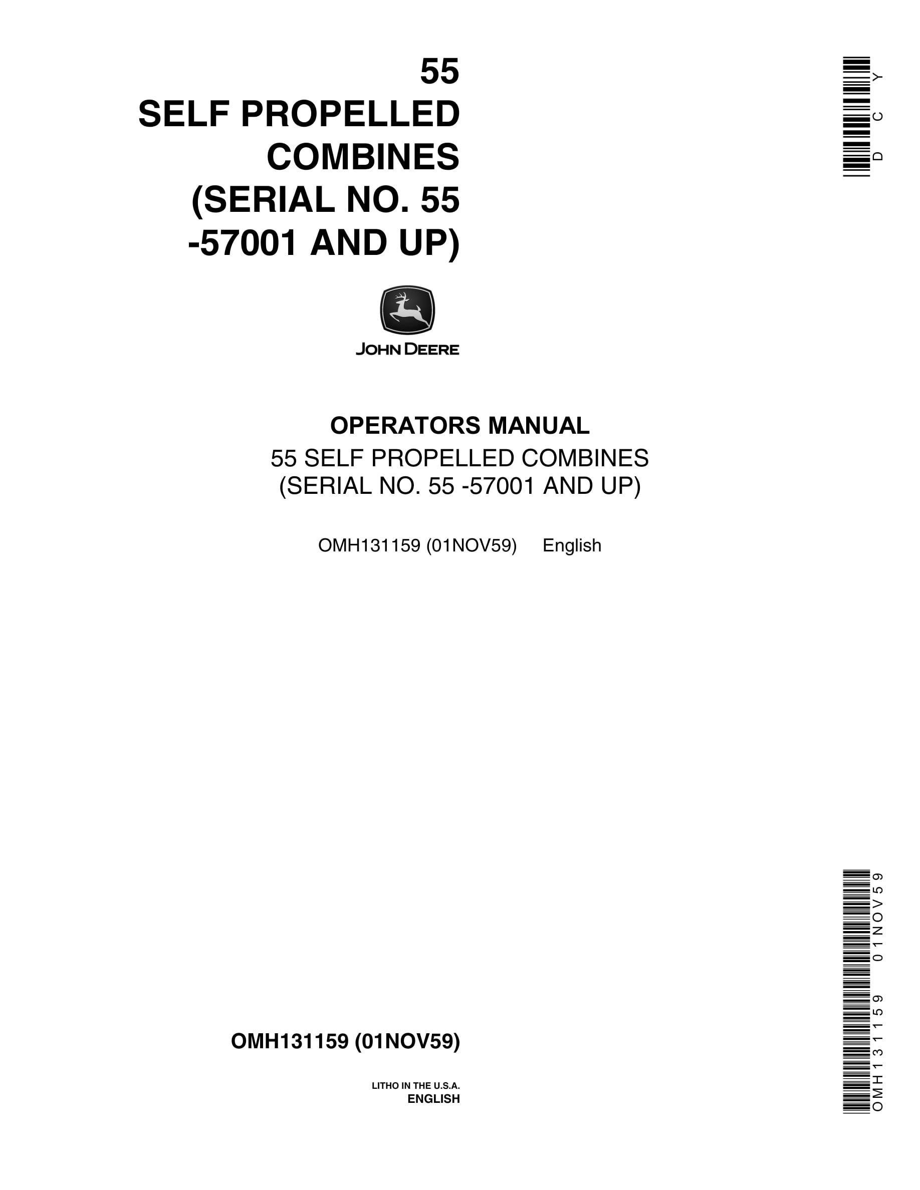 John Deere 55 SELF PROPELLED Combine Operator Manual OMH131159-1