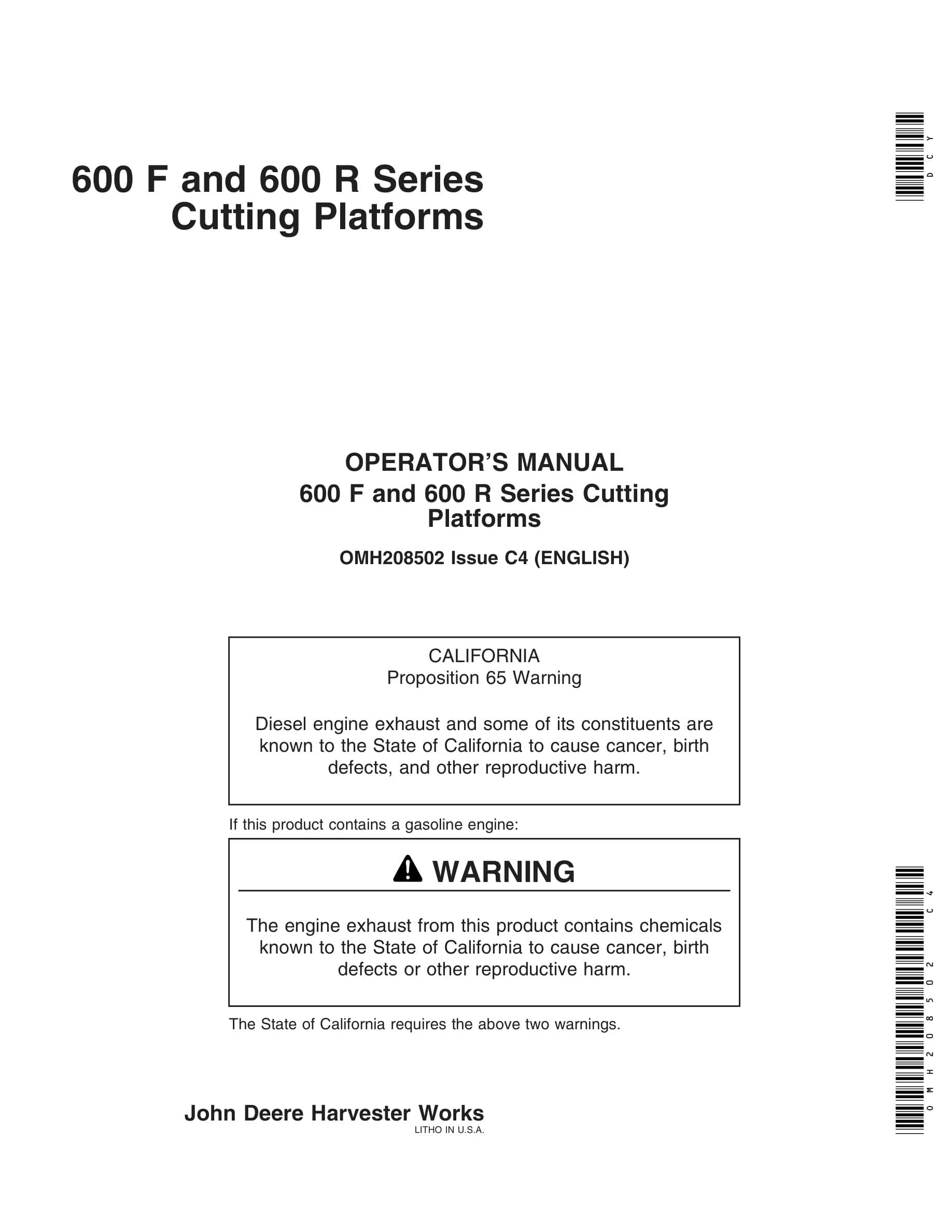 John Deere 600 F and 600 R Series Cutting Platforms Operator Manual OMH208502-1