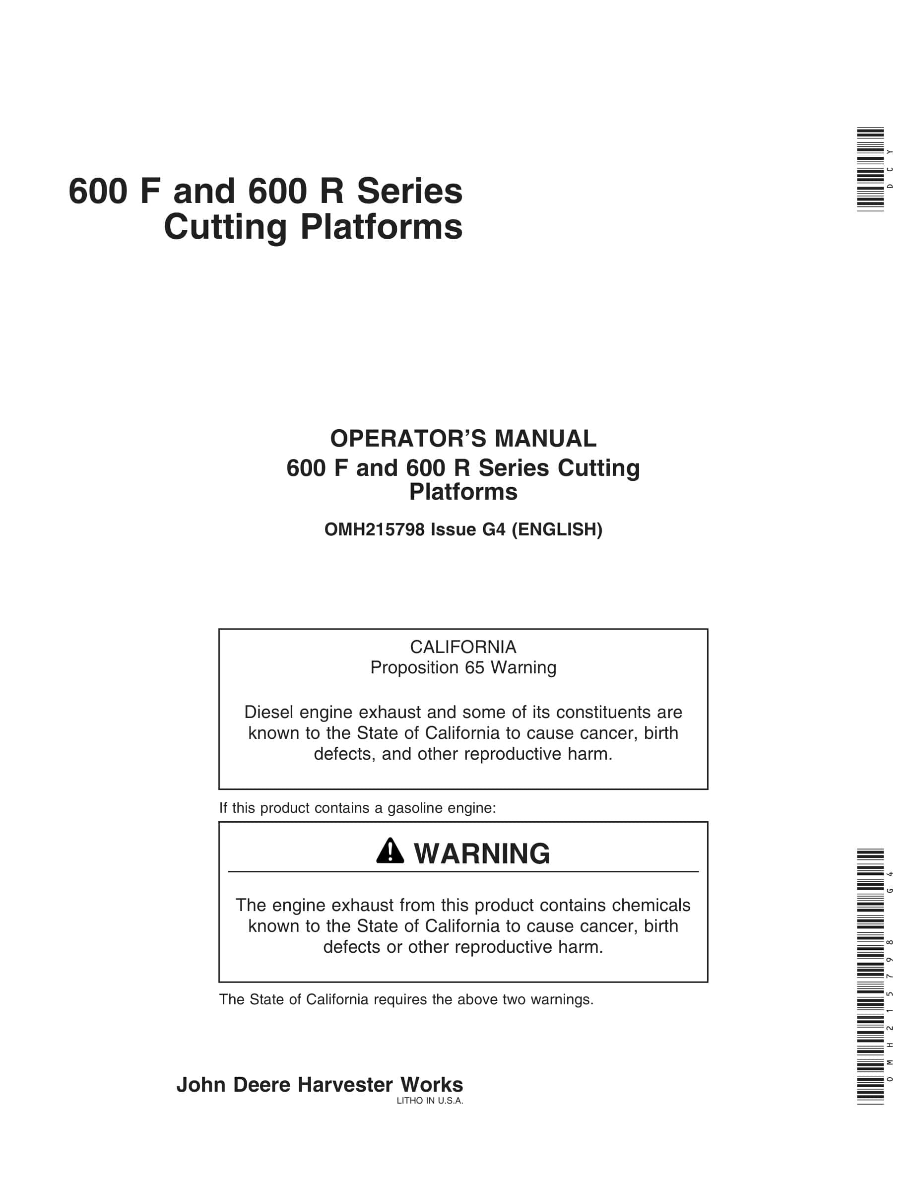 John Deere 600 F and 600 R Series Cutting Platforms Operator Manual OMH215798-1