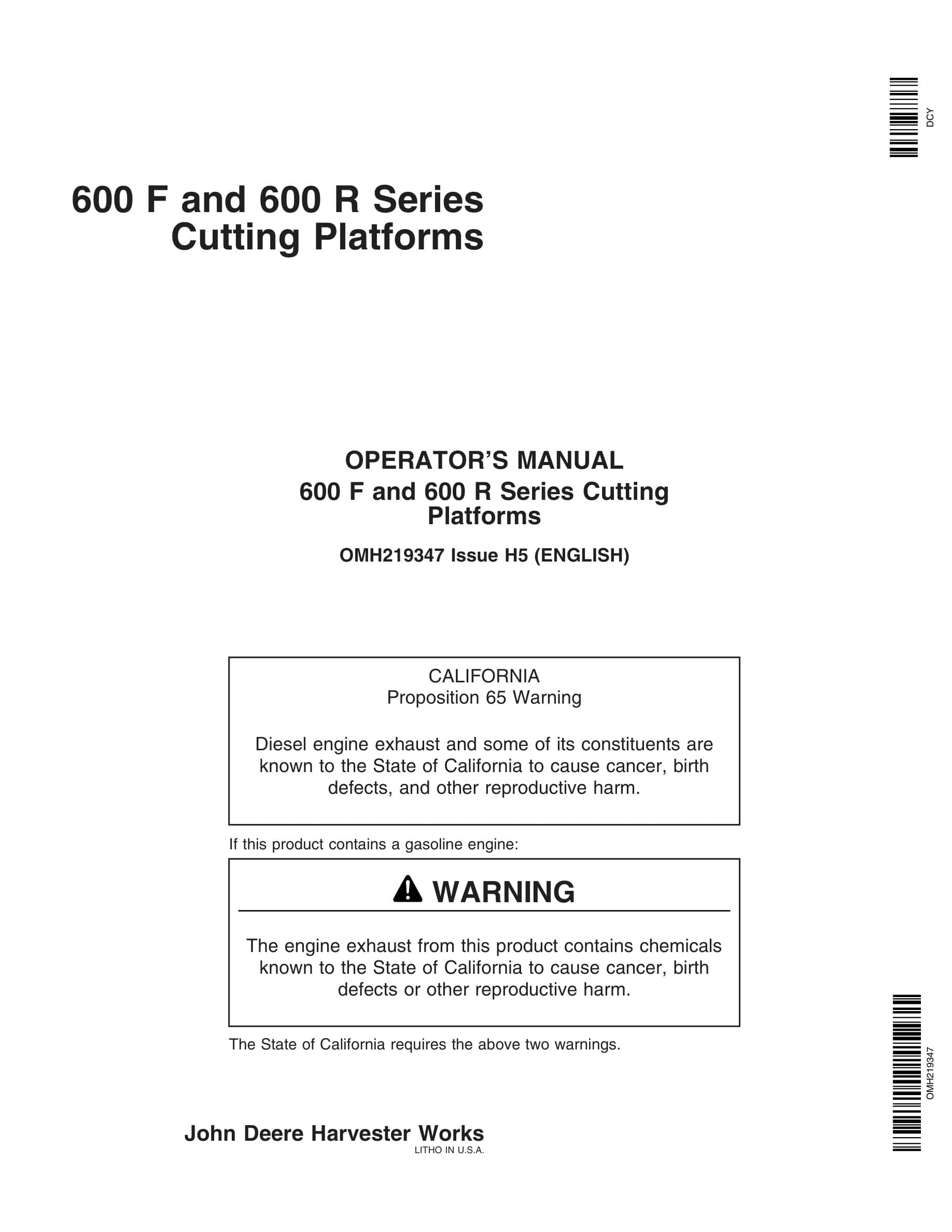 John Deere 600 F and 600 R Series Cutting Platforms Operator Manual OMH219347-1