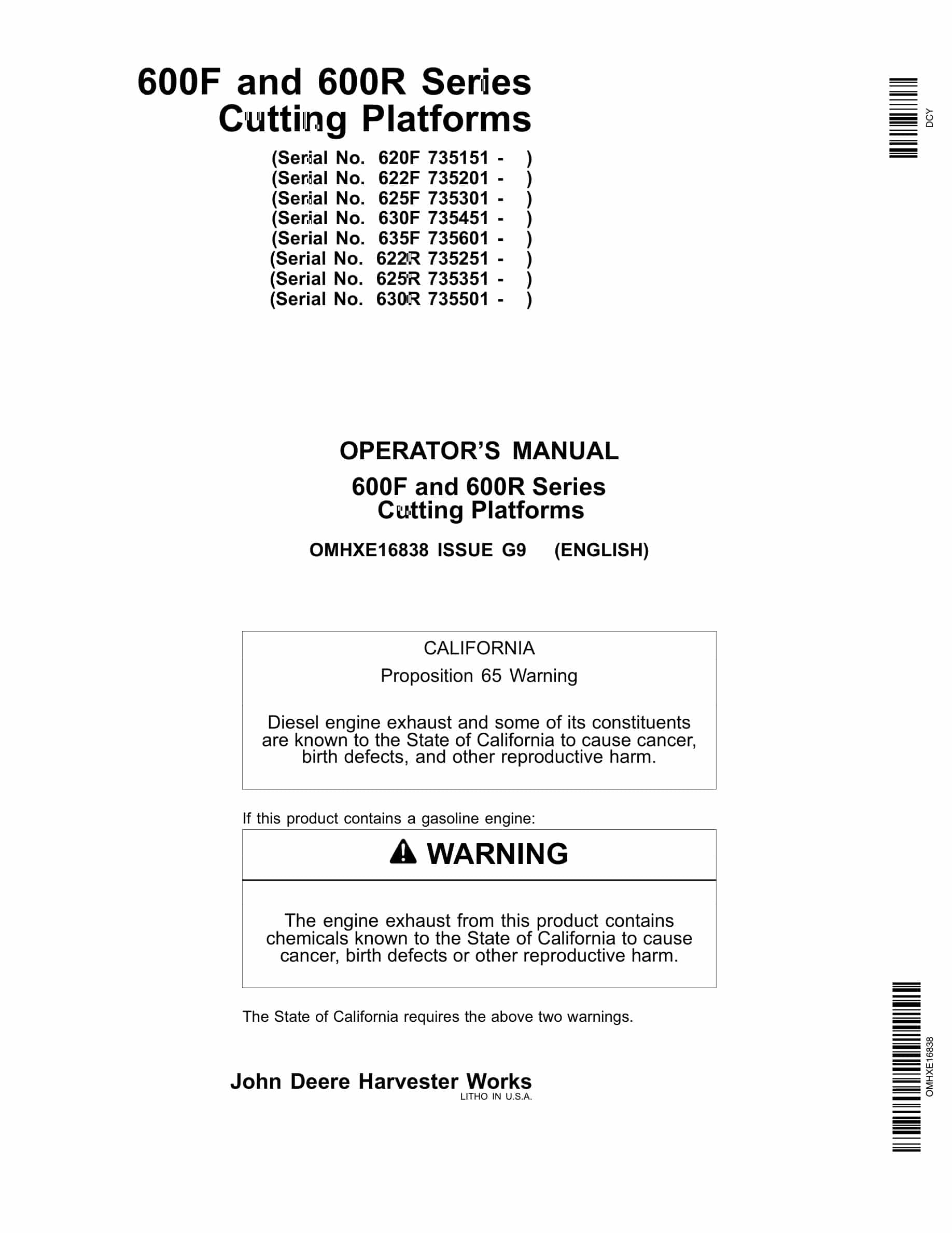 John Deere 600 F and 600 R Series Cutting Platforms Operator Manual OMHXE16838-1