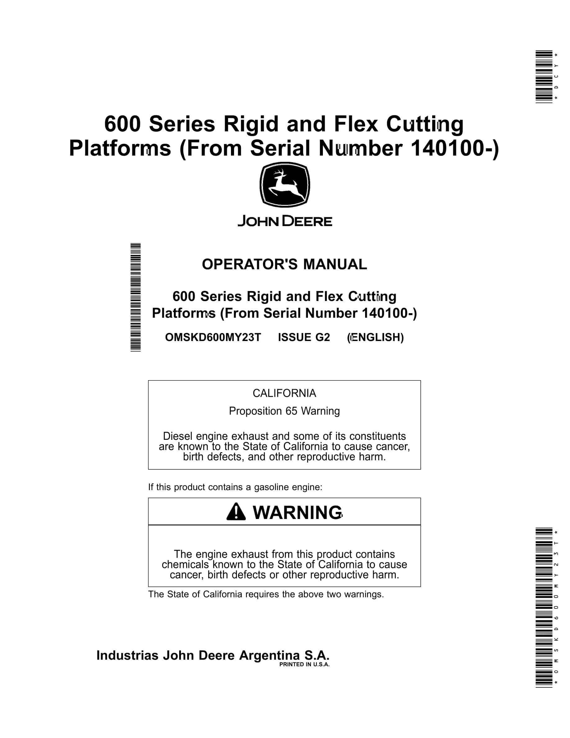 John Deere 600 Series Rigid and Flex Cutting Platforms Operator Manual OMSKD600MY23T-1