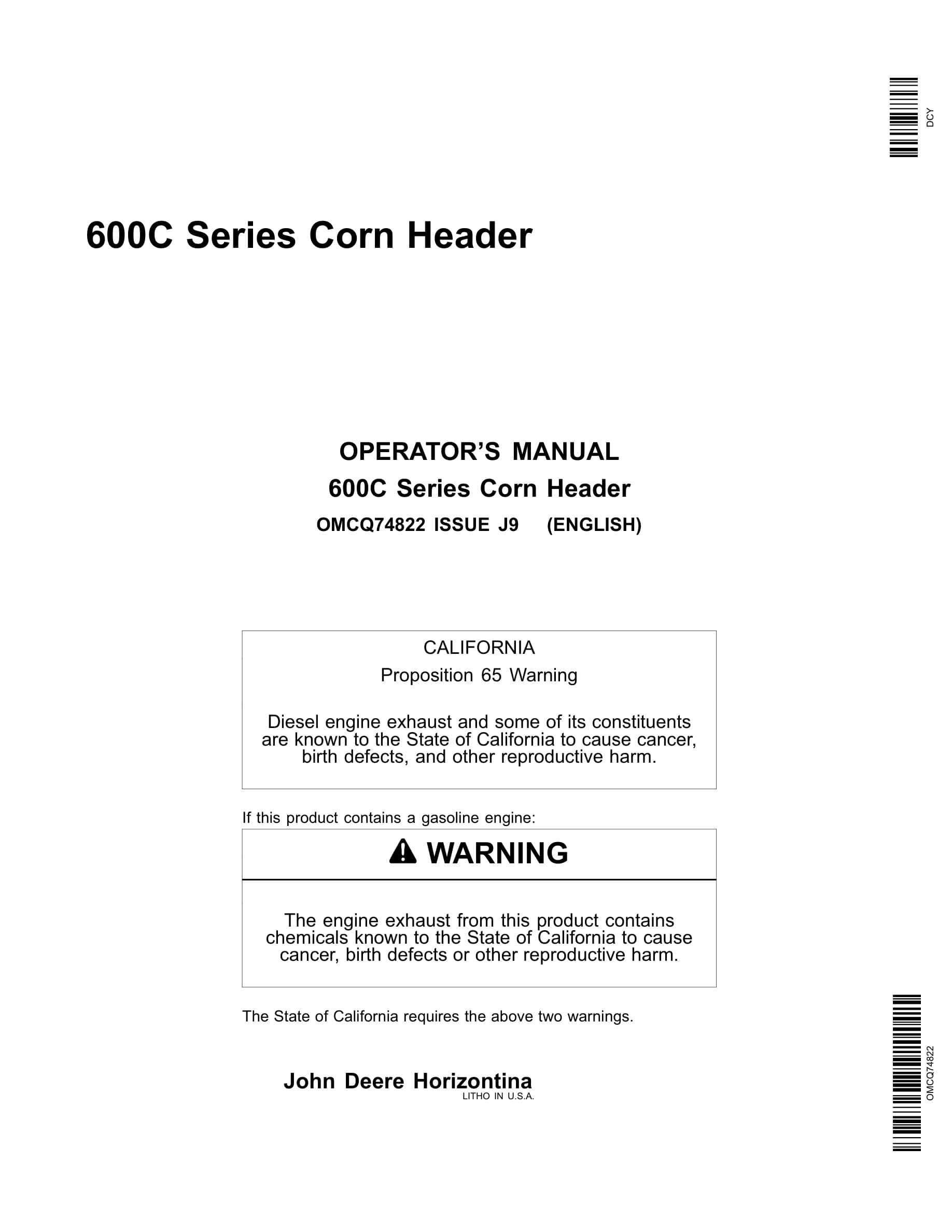 John Deere 600C Series Corn Header Operator Manual OMCQ74822-1