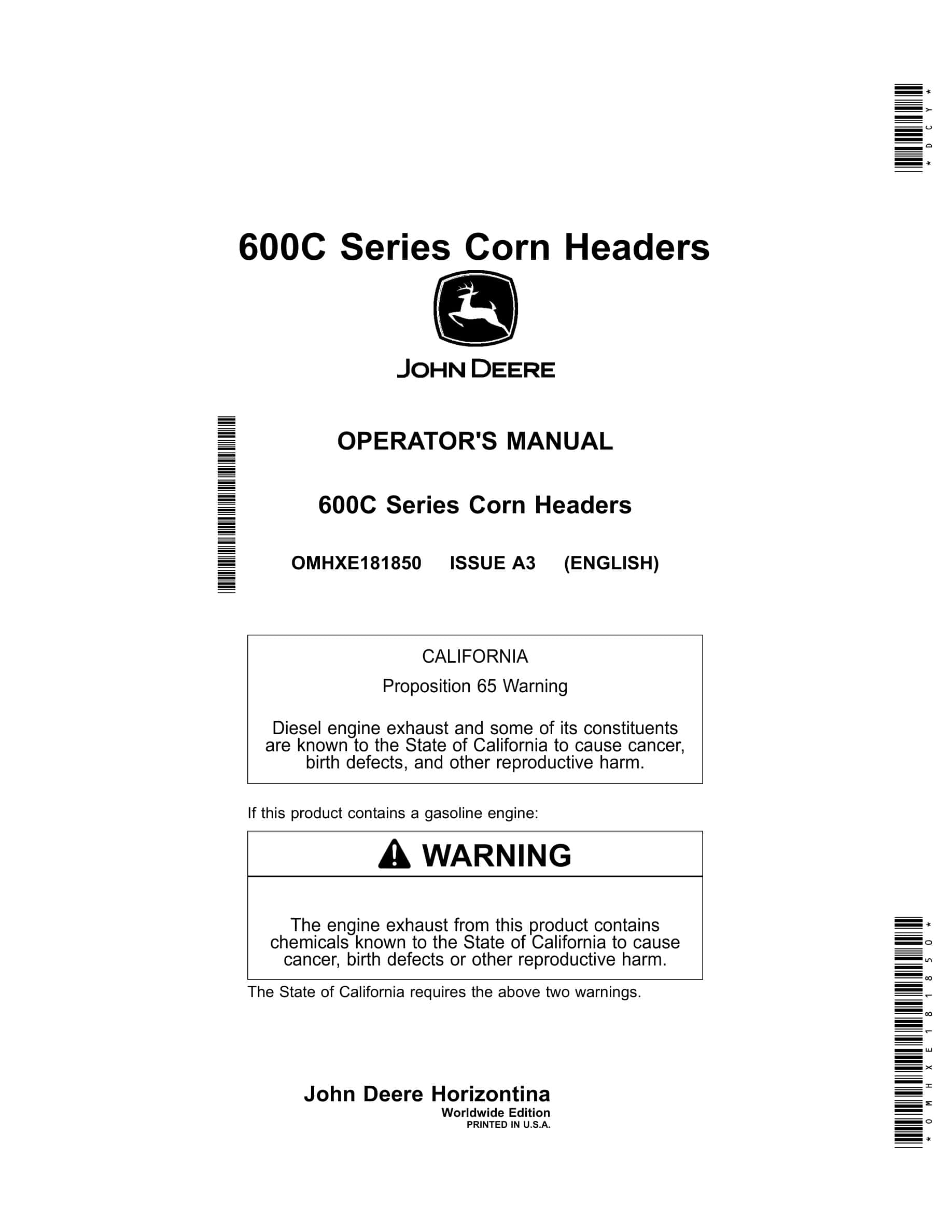 John Deere 600C Series Corn Headers Operator Manual OMHXE181850-1