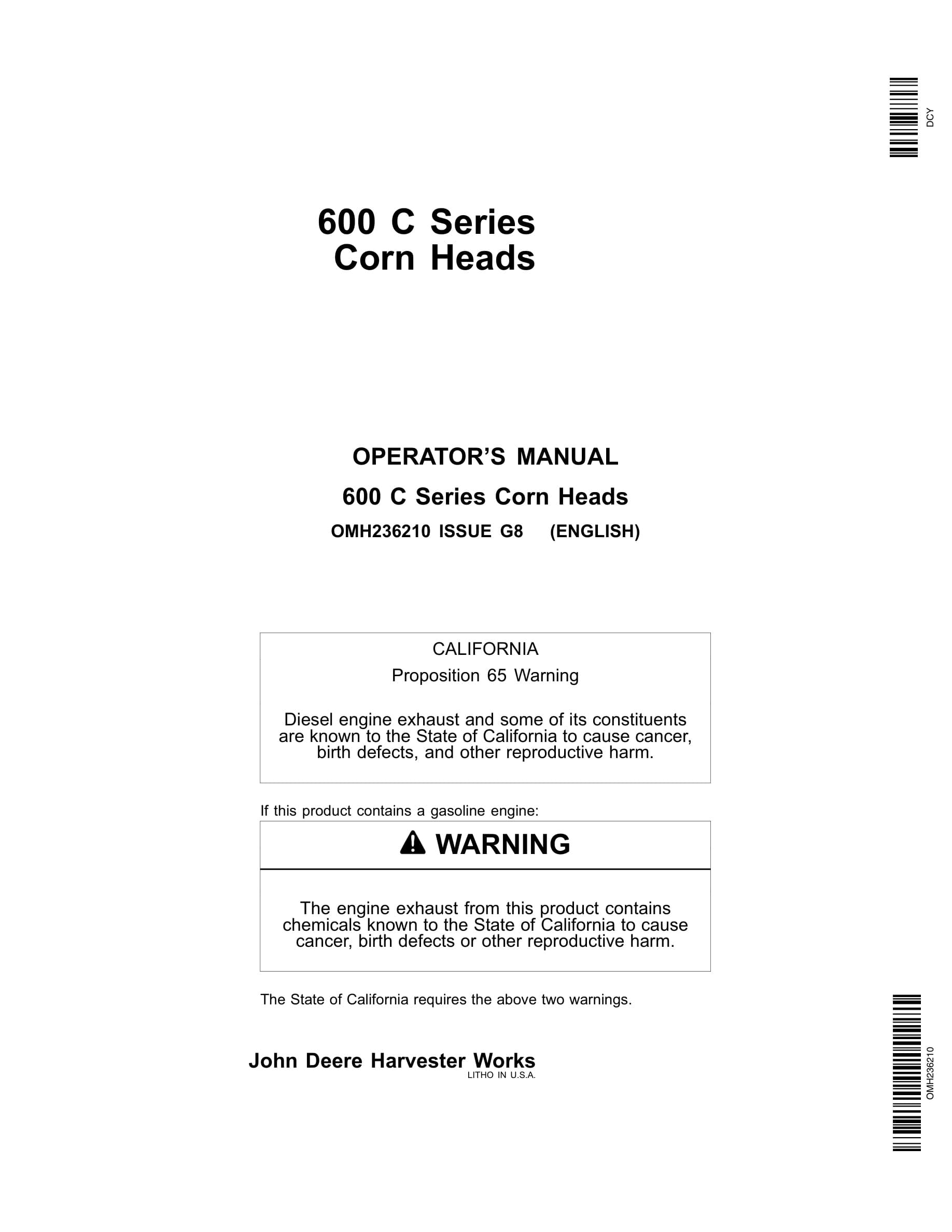 John Deere 600C Series Corn Heads Operator Manual OMH236210-1