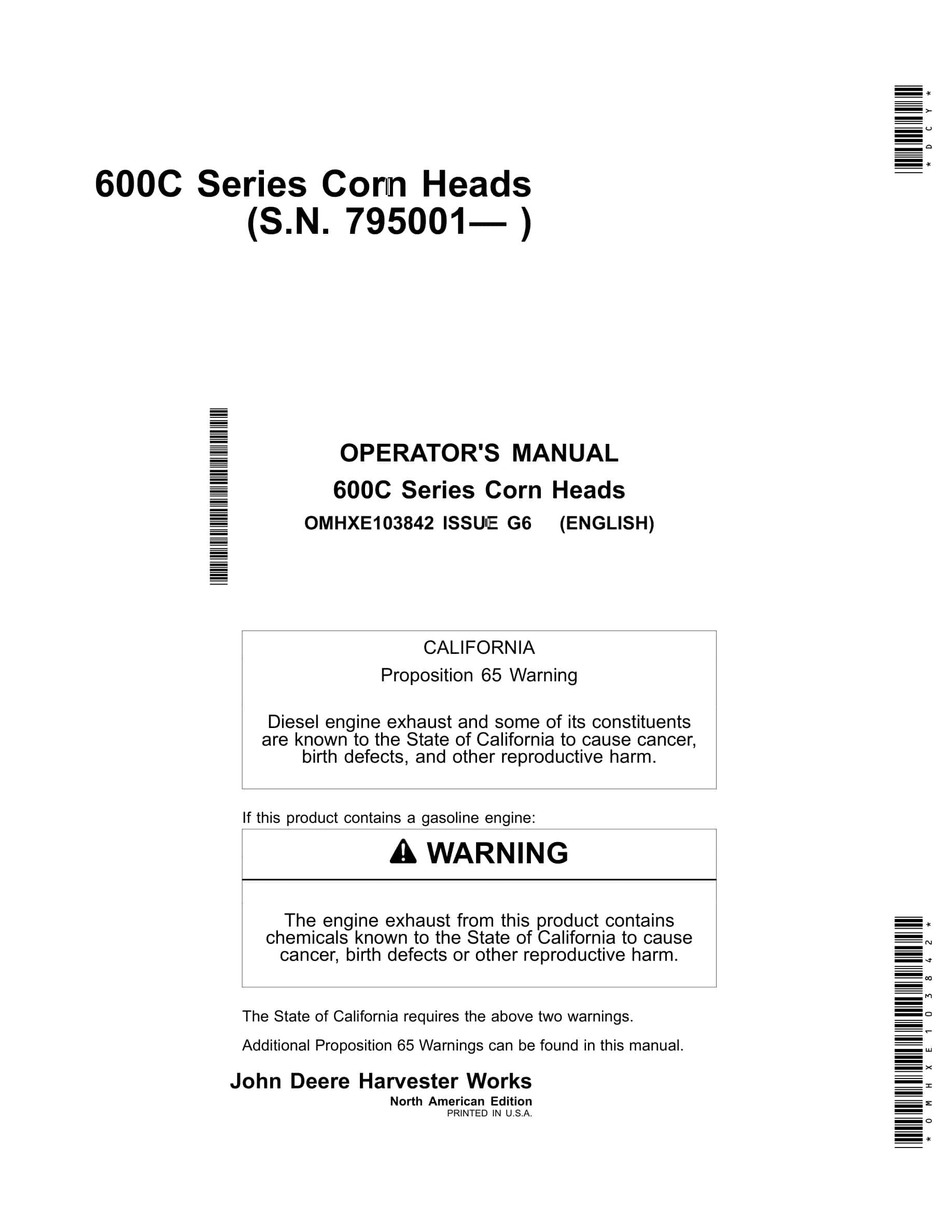 John Deere 600C Series Corn Heads Operator Manual OMHXE103842-1