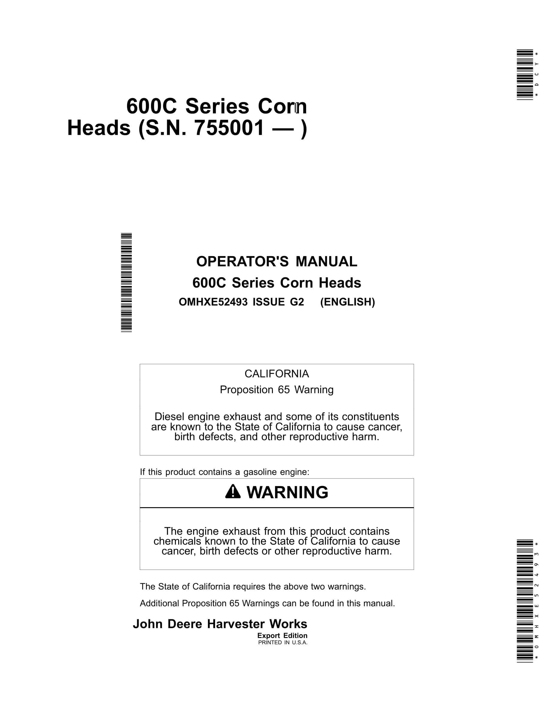 John Deere 600C Series Corn Heads Operator Manual OMHXE52493-1