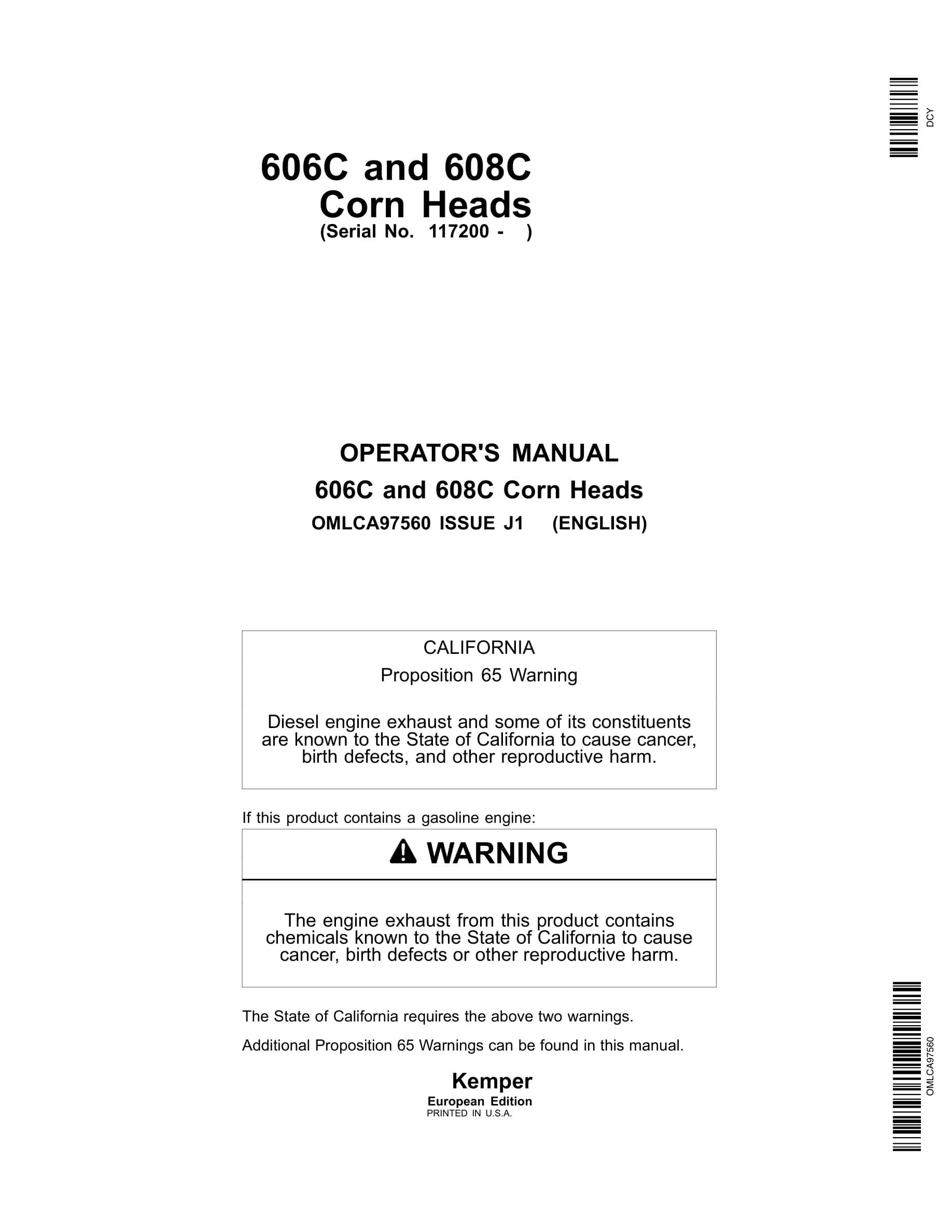 John Deere 606C and 608C Corn Heads Operator Manual OMLCA97560-1