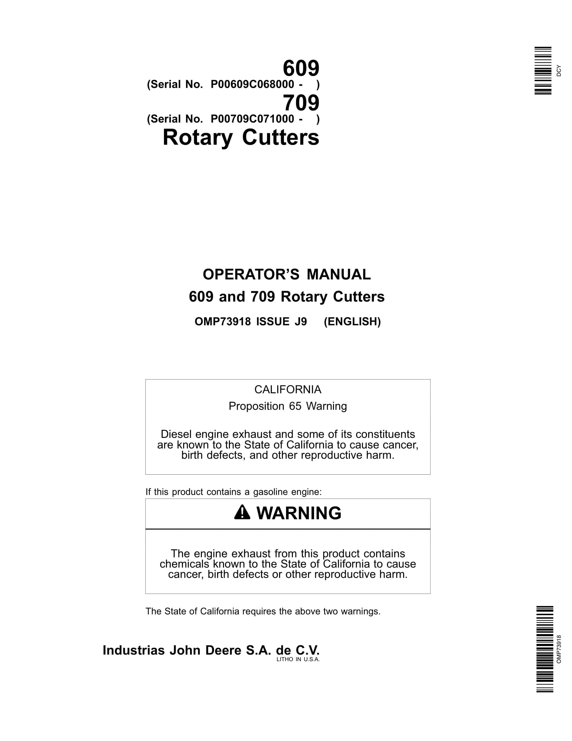 John Deere 609 709 Rotary Cutter Operator Manual OMP73918-1