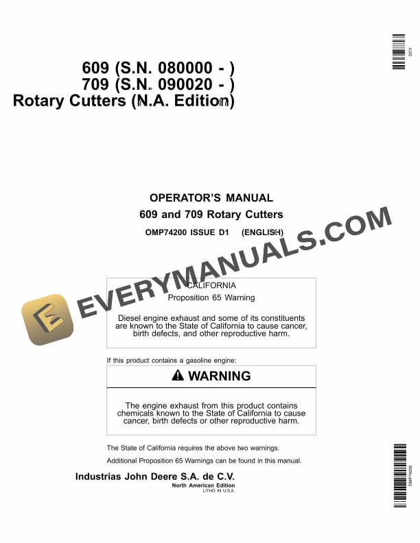 John Deere 609 709 Rotary Cutter Operator Manual OMP74200