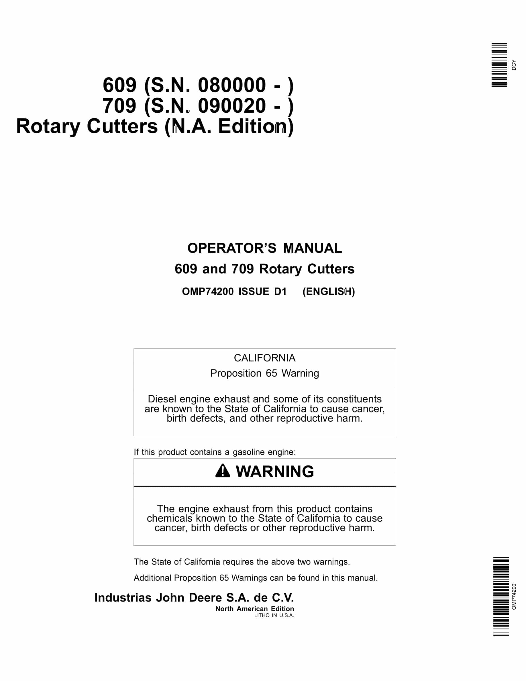 John Deere 609 709 Rotary Cutter Operator Manual OMP74200-1