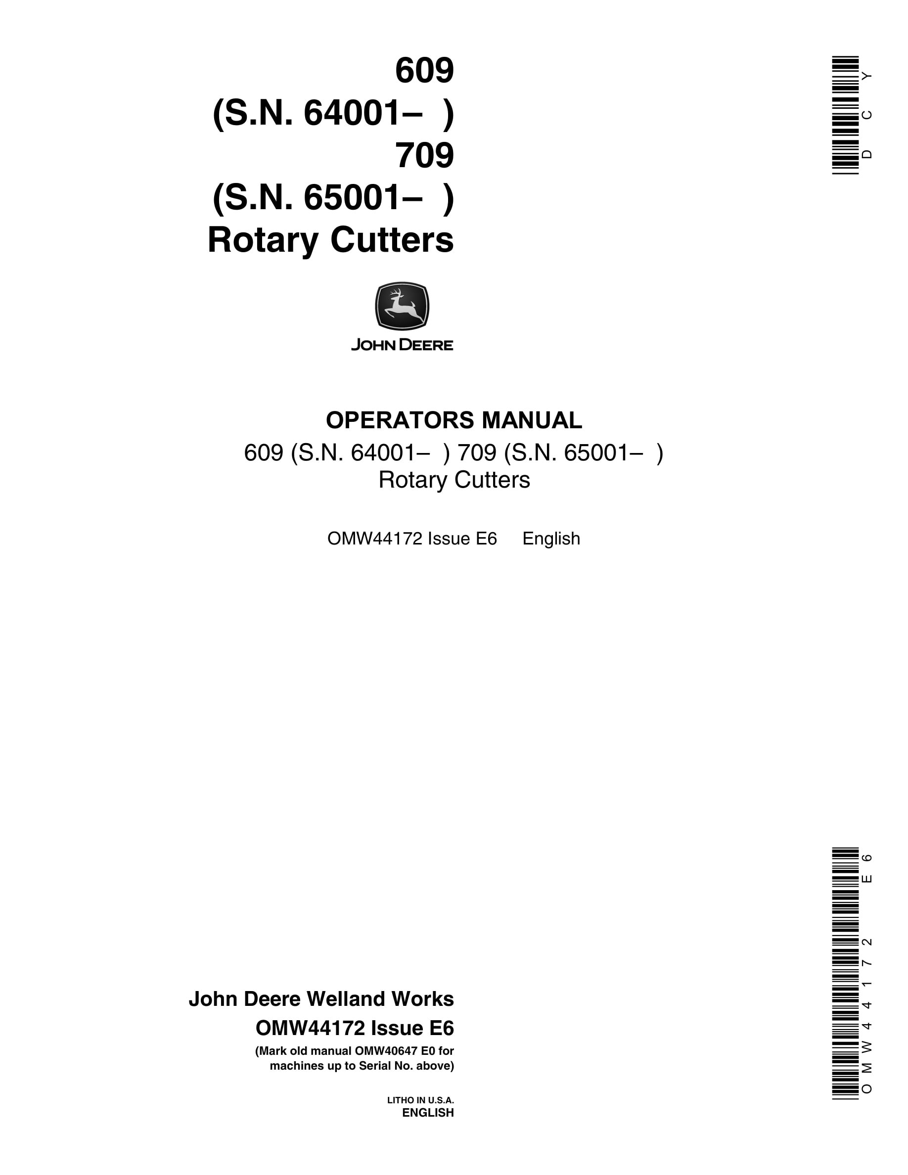 John Deere 609 709 Rotary Cutter Operator Manual OMW44172-1