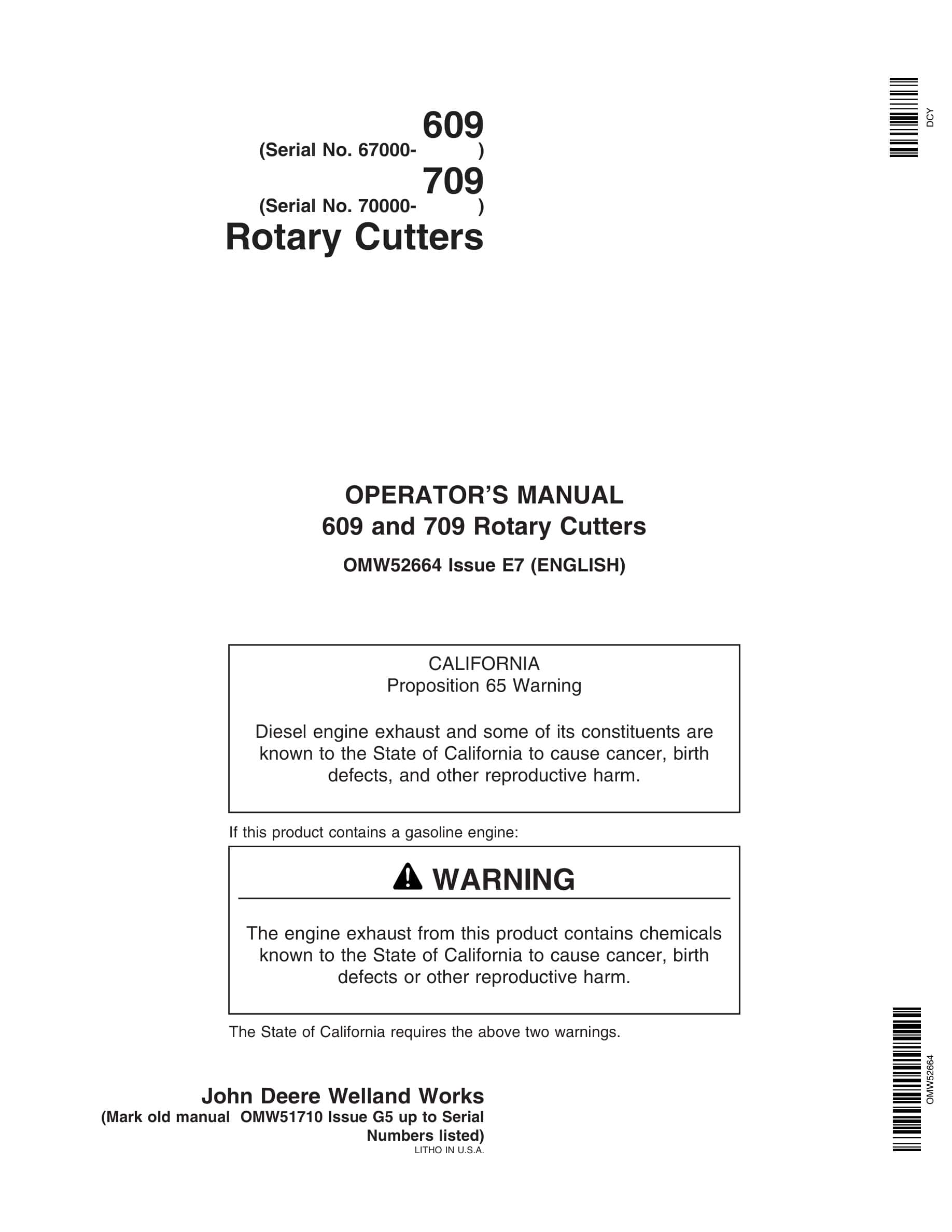 John Deere 609 709 Rotary Cutter Operator Manual OMW52664-1